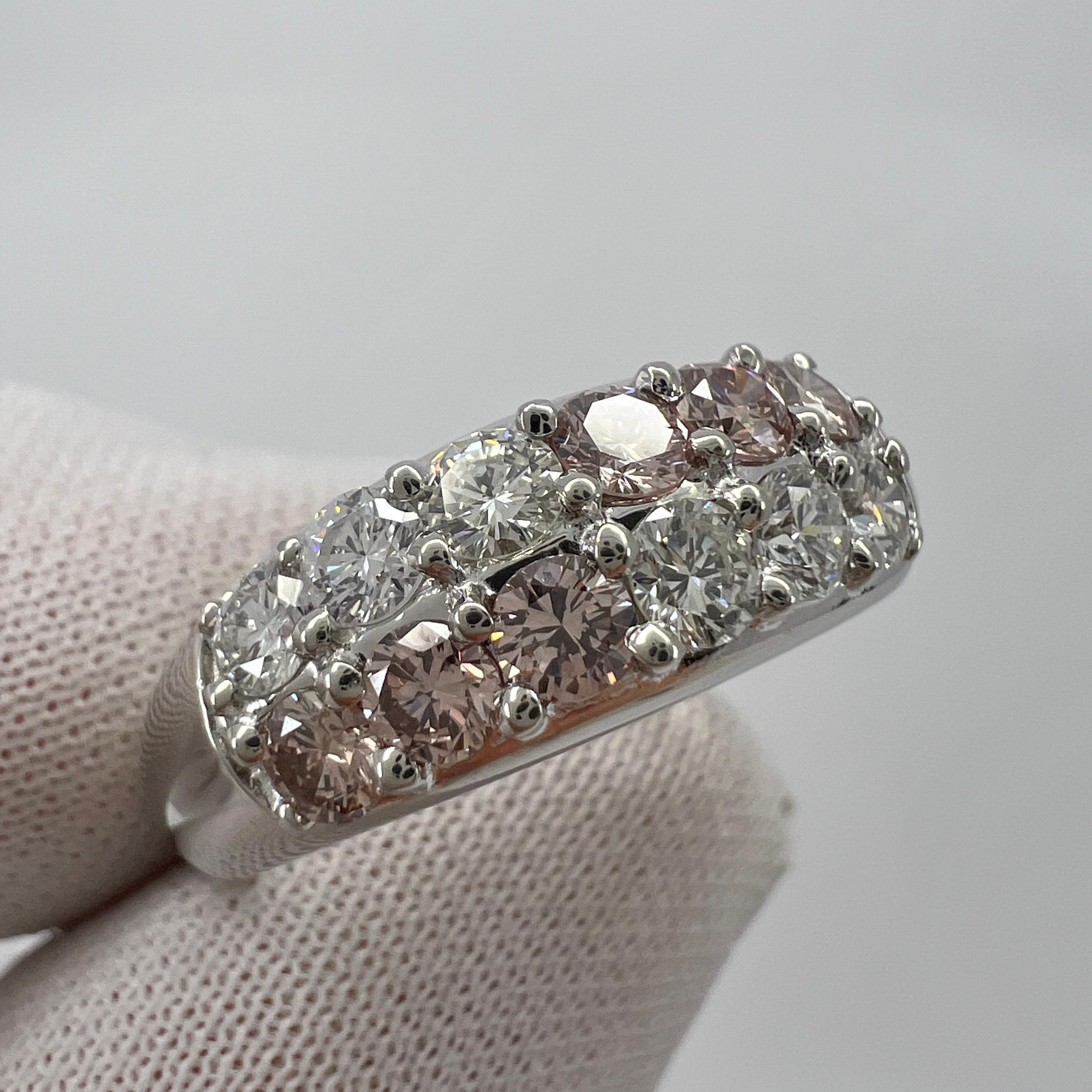 Rare Untreated Fancy Pink & White Diamond Round Cut Platinum Eternity Band Ring For Sale 5