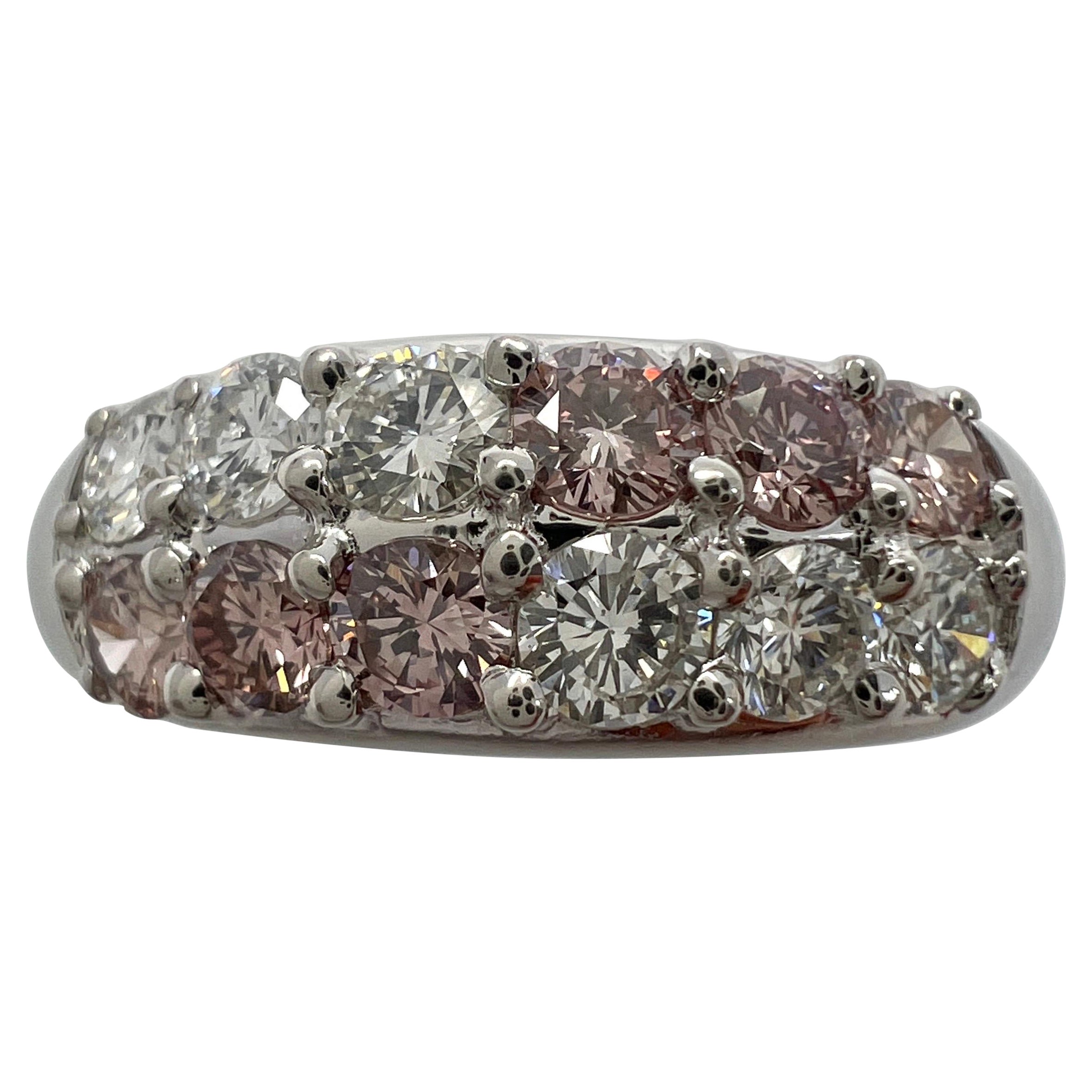 Rare Untreated Fancy Pink 
White Diamond Round Cut Platinum Eternity Band Ring