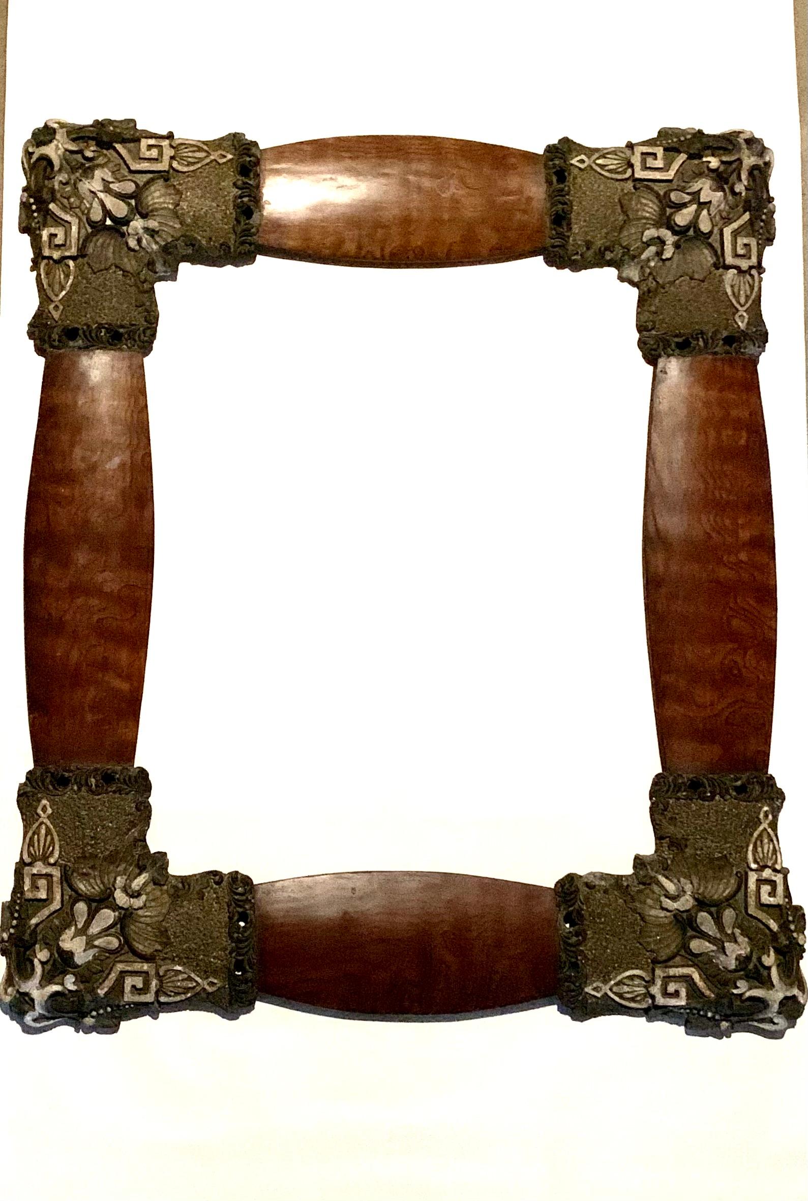 Rare Unusual Antique Art Nouveau Arts and Crafts Figured Oak Parcel Gilt Mirror For Sale 9