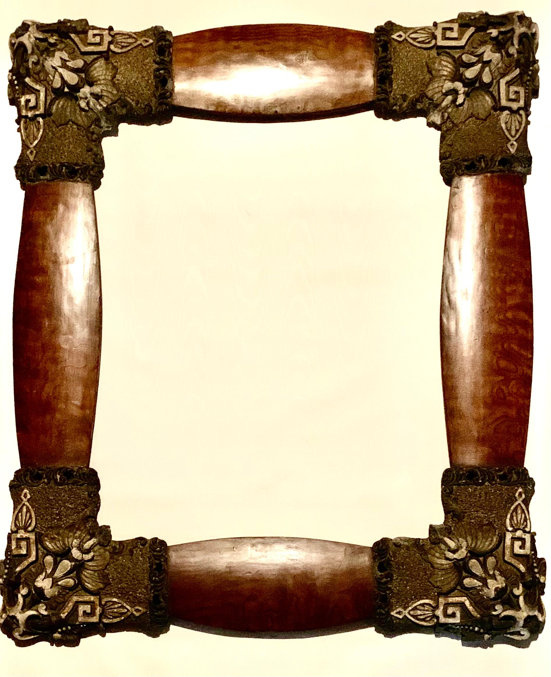 Gesso Rare Unusual Antique Art Nouveau Arts and Crafts Figured Oak Parcel Gilt Mirror For Sale