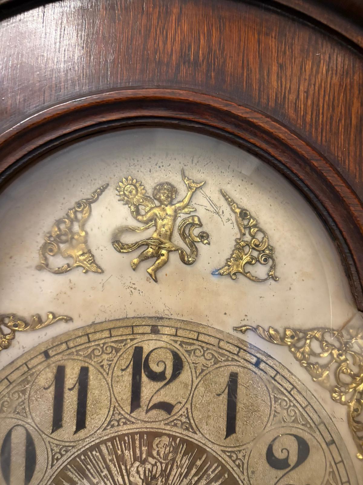 Raro e inusual Reloj de caja larga musical del zodiaco tallado en roble de calidad eduardiana antigua en venta 1