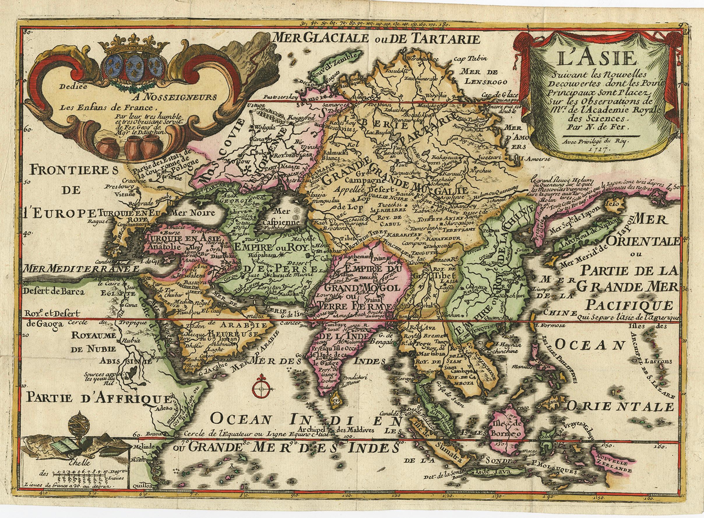 Antique map titled 'L'Asie Suivant les Nouvelles Decouvertes (..).' Interesting and very unusual map of the Asian continent. 

The map is based primarily on Dutch sources, particularly the outlines of Siberia and the East Indies. 

However, the most
