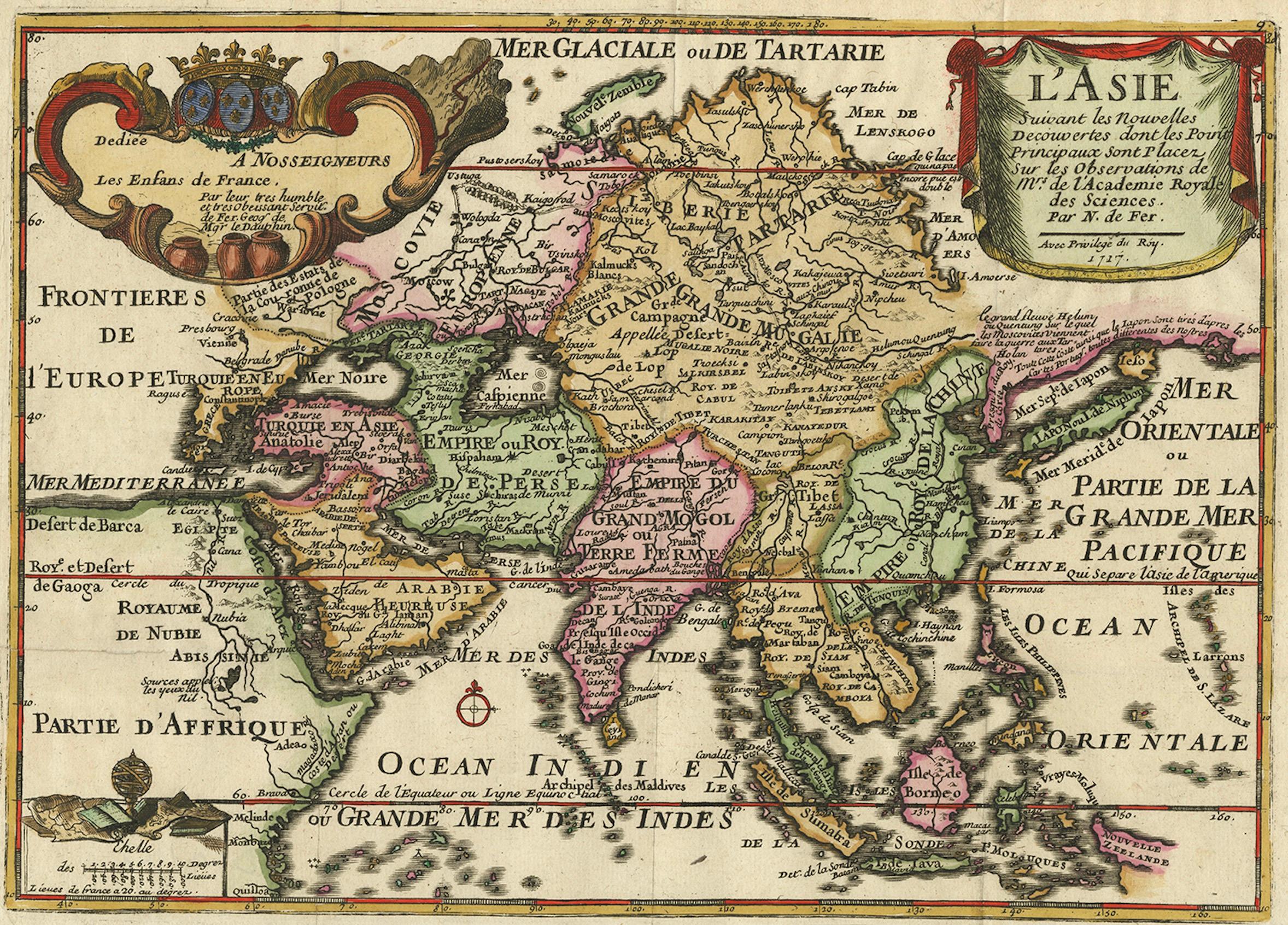 Rare Unusual Antique Map of Asia with a Landbridge from Korea to America, 1717 In Good Condition For Sale In Langweer, NL