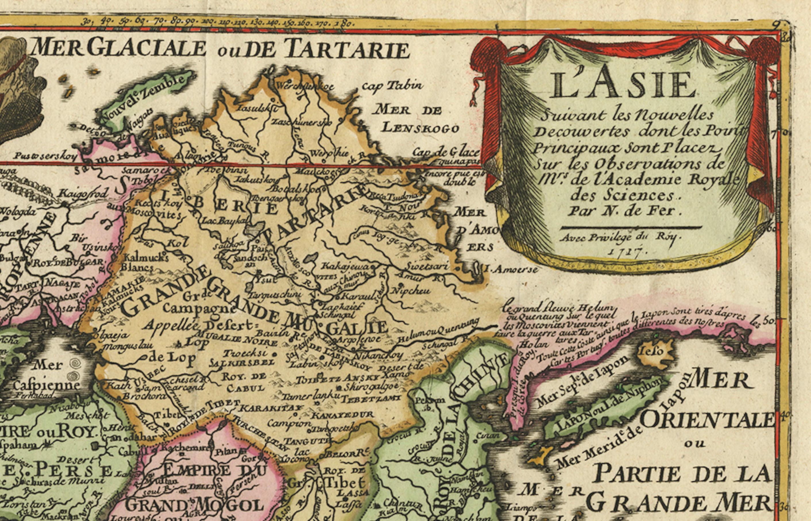 18th Century and Earlier Rare Unusual Antique Map of Asia with a Landbridge from Korea to America, 1717 For Sale