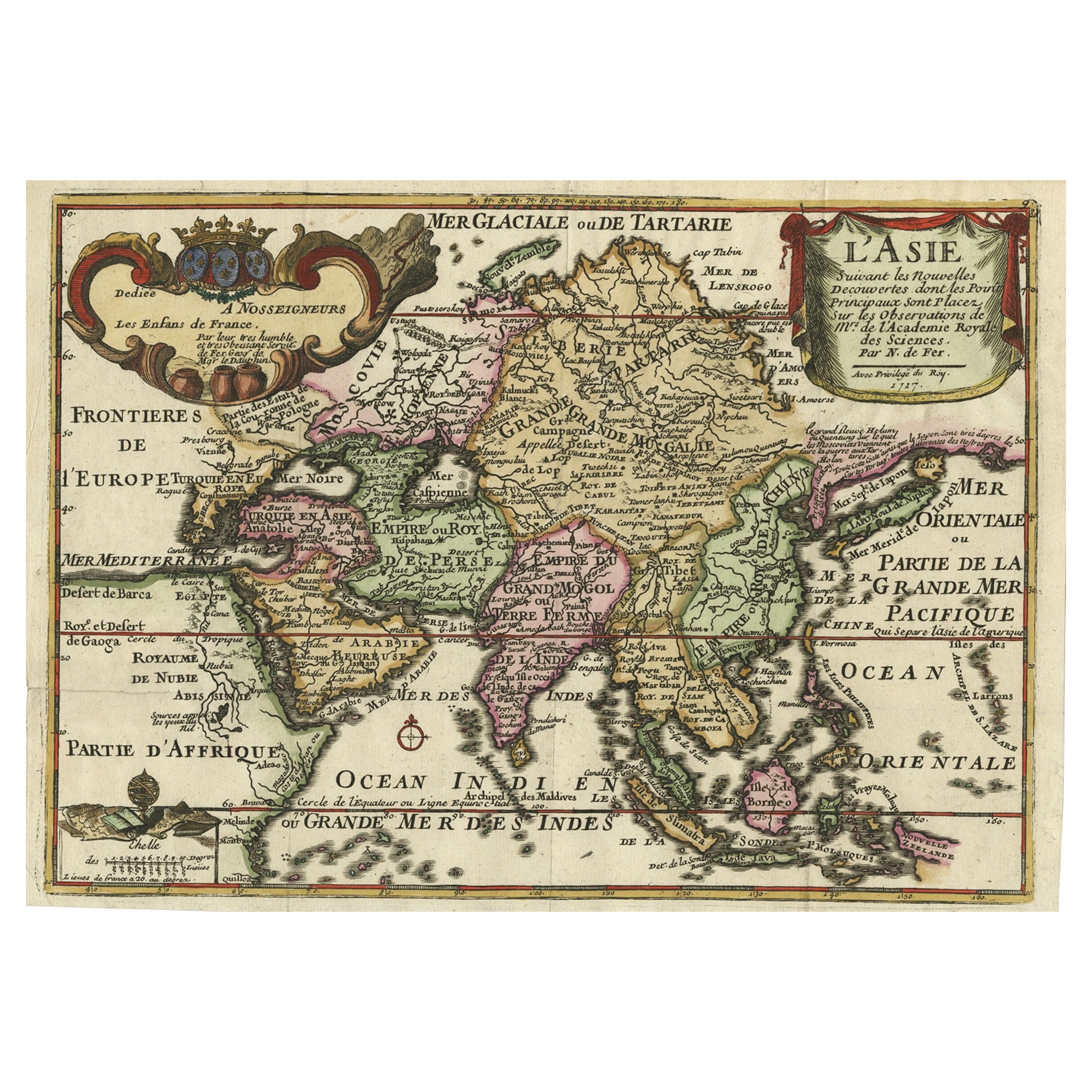 Rare Unusual Antique Map of Asia with a Landbridge from Korea to America, 1717