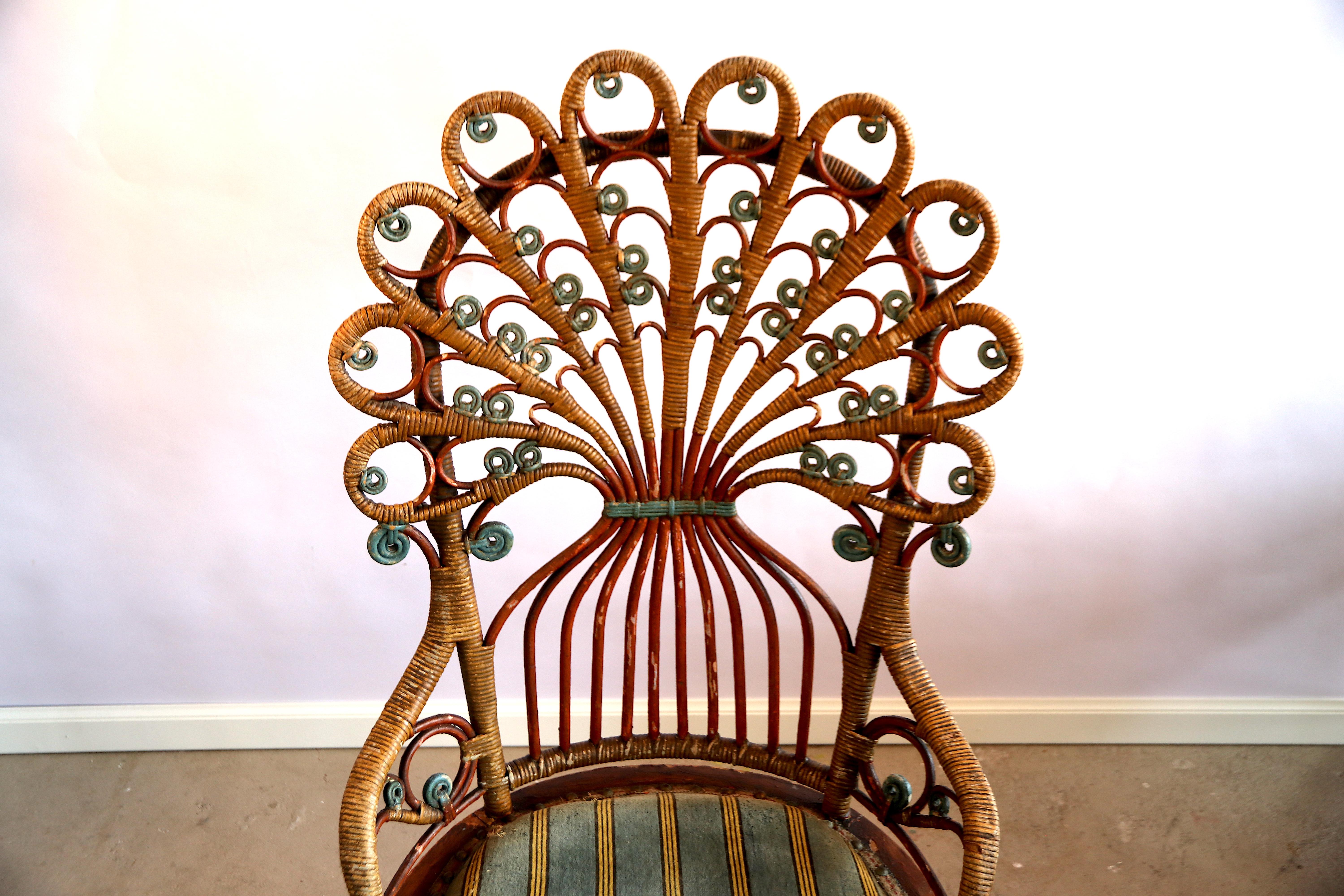 Mid-Century Modern Rare Upholstered Antique Art Nouveau Rattan Peacock Arm, Dining or Side Chair