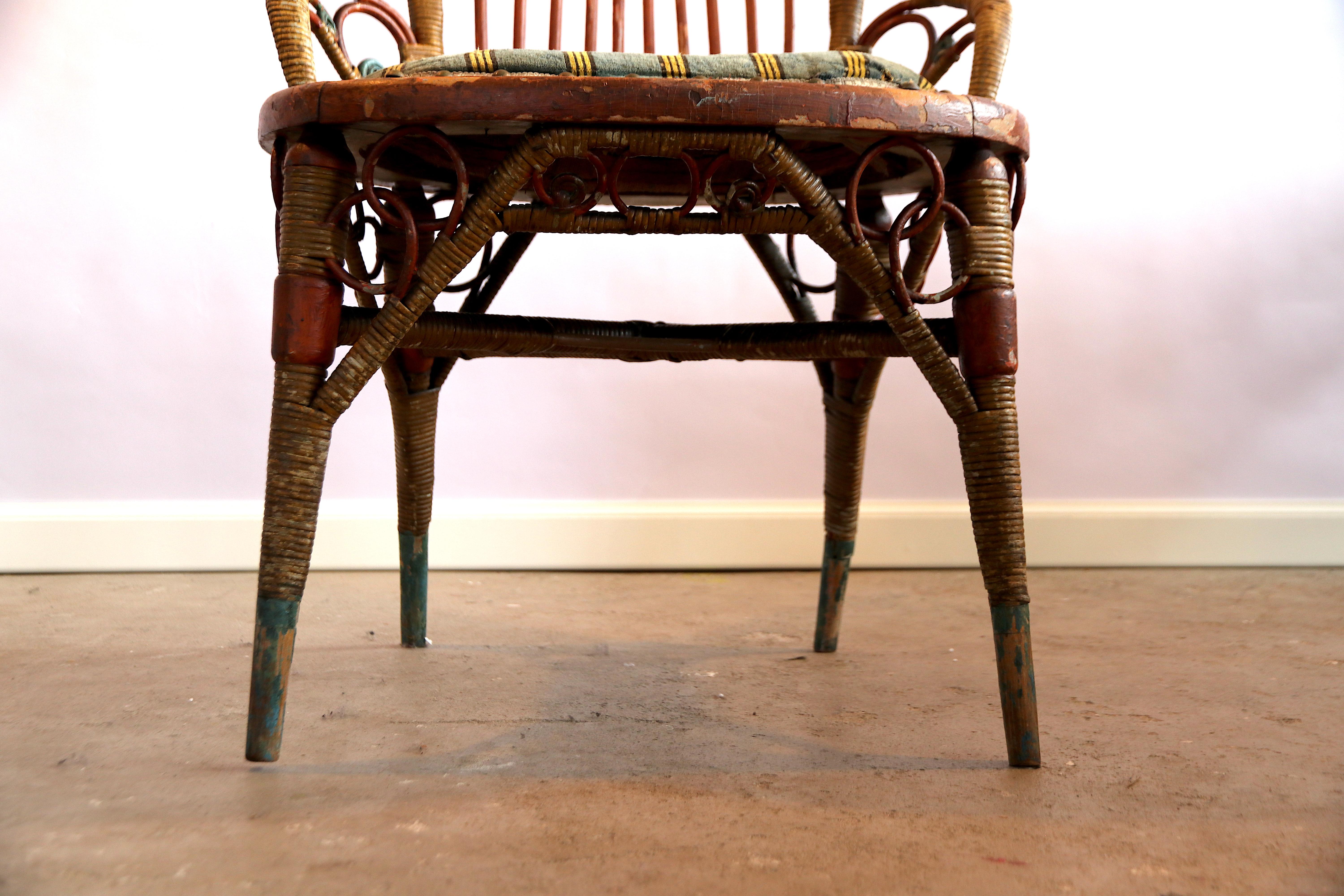 Early 20th Century Rare Upholstered Antique Art Nouveau Rattan Peacock Arm, Dining or Side Chair