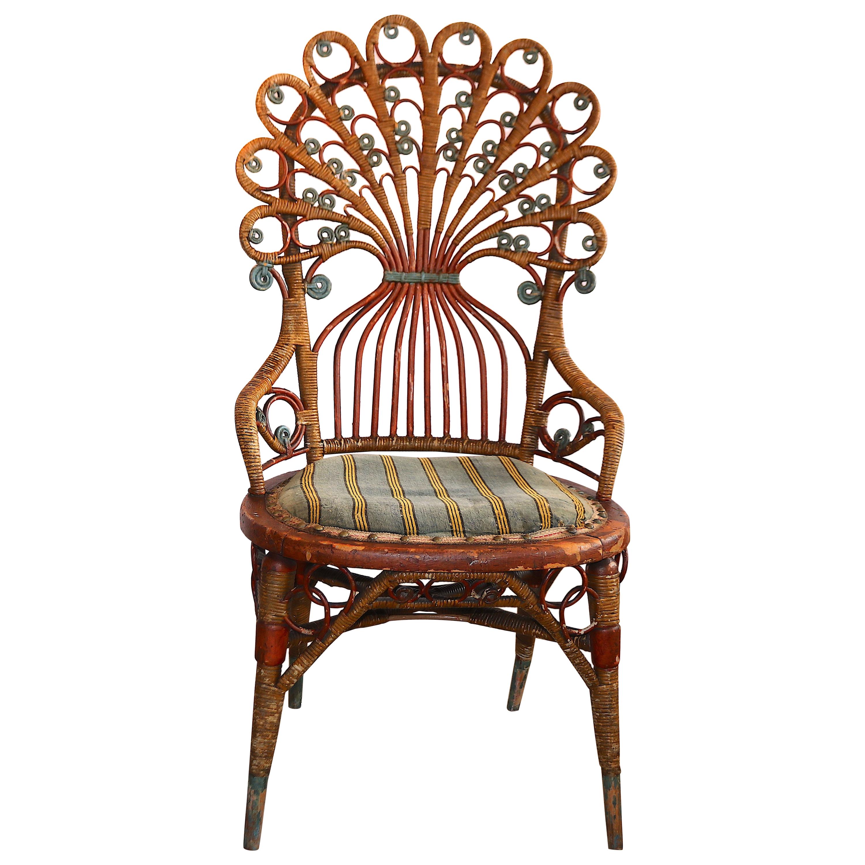 Rare Upholstered Antique Art Nouveau Rattan Peacock Arm, Dining or Side Chair