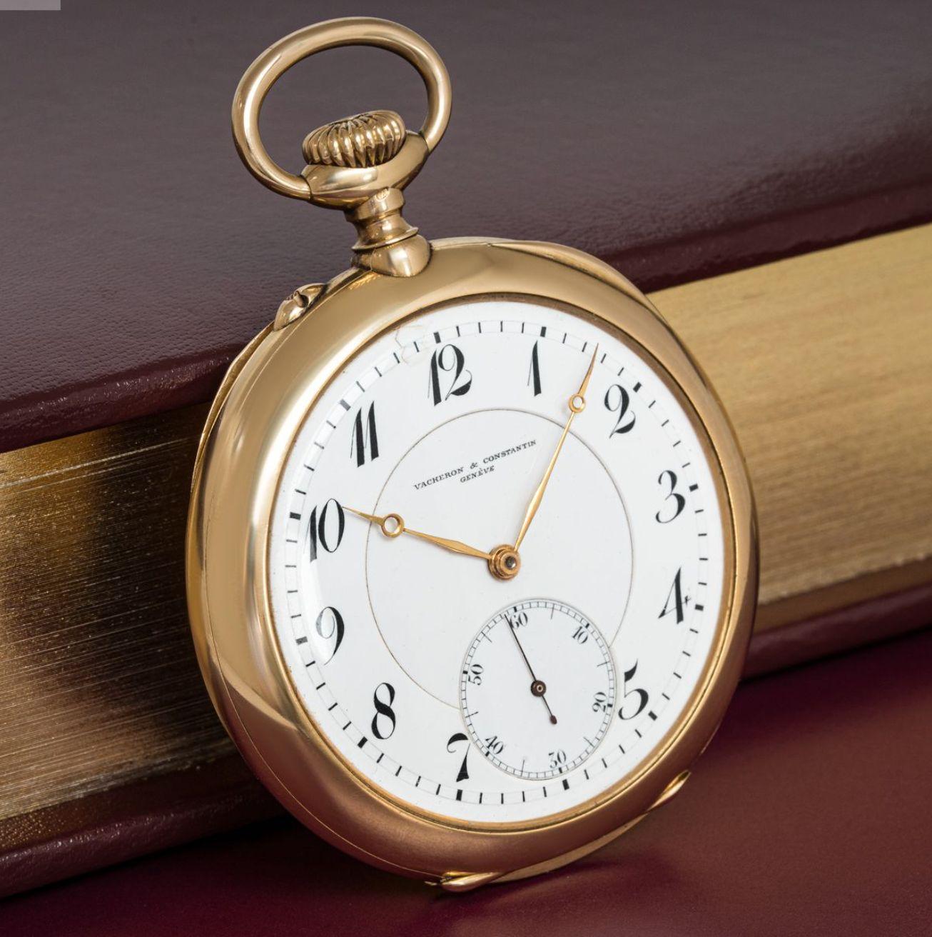 Vacheron & Constantin. A Rare 18ct Gold Keyless Lever Open Face Pocket Watch C1920s.

Dial: The perfect white enamel dial fully signed Vacheron & Constantin Genève with unusual Breguet style numerals and matching Gilt metal Breguet style moon