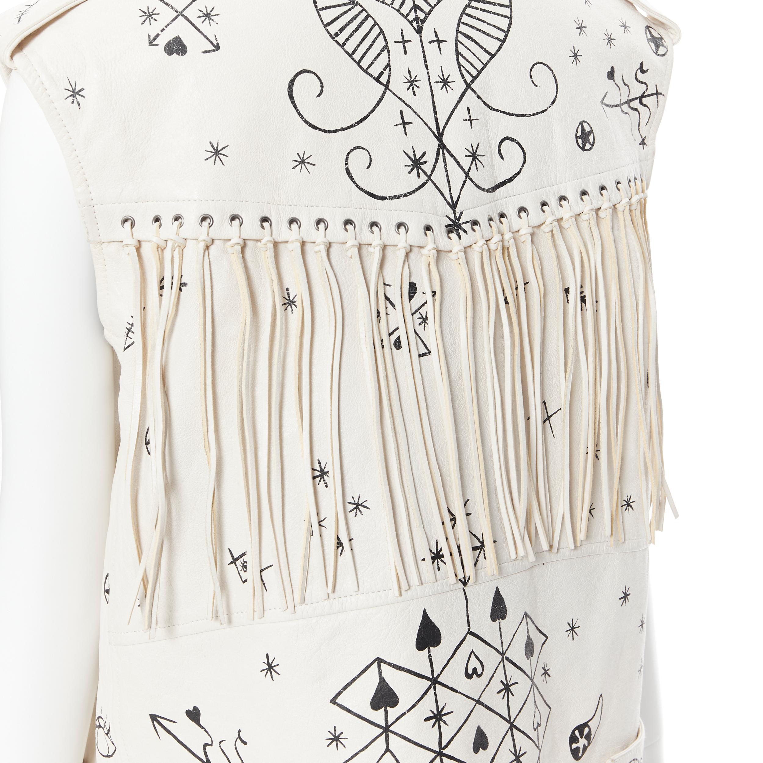 rare VALENTINO beige black horoscope scribble fringe leather biker vest IT38 XS 6