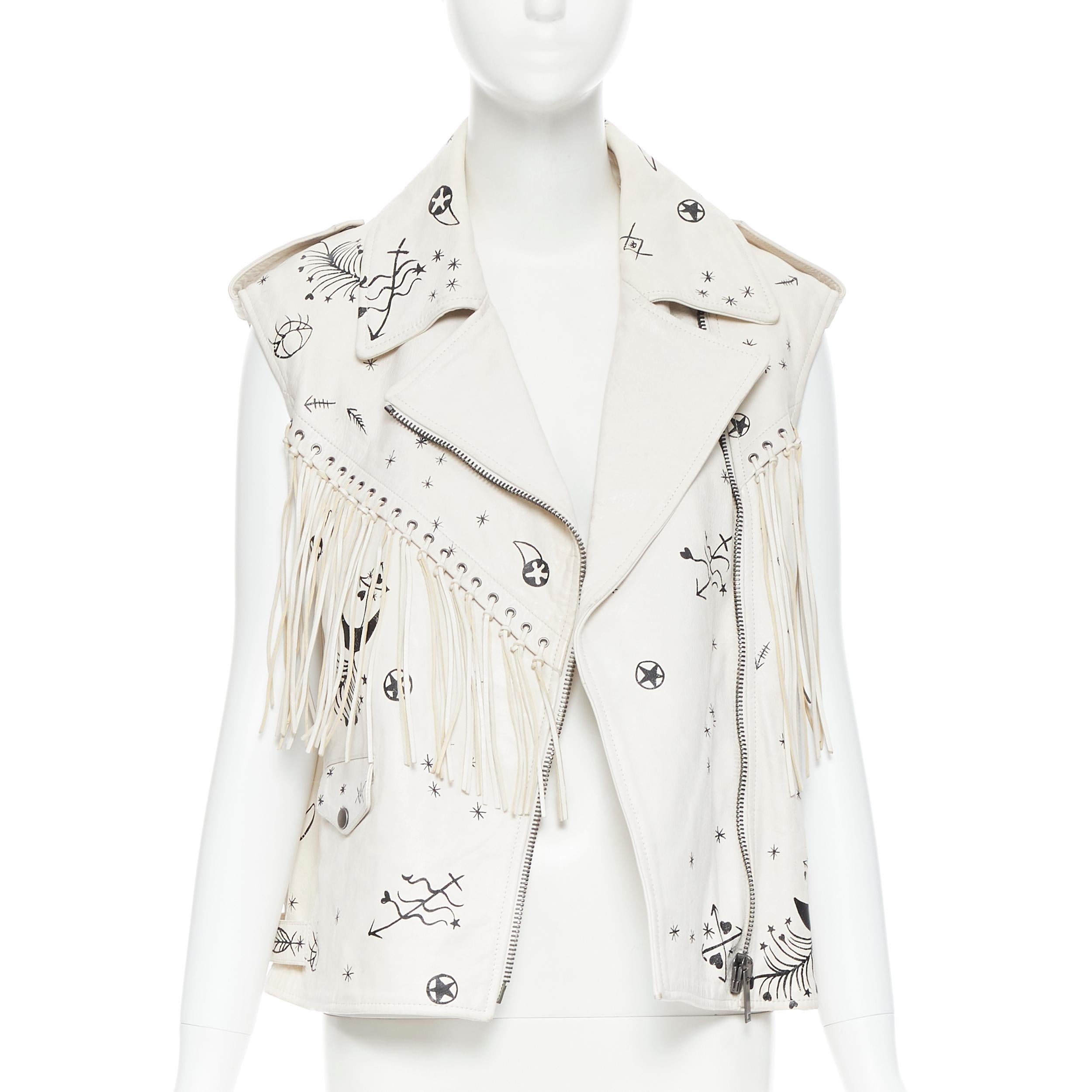 Beige rare VALENTINO beige black horoscope scribble fringe leather biker vest IT38 XS