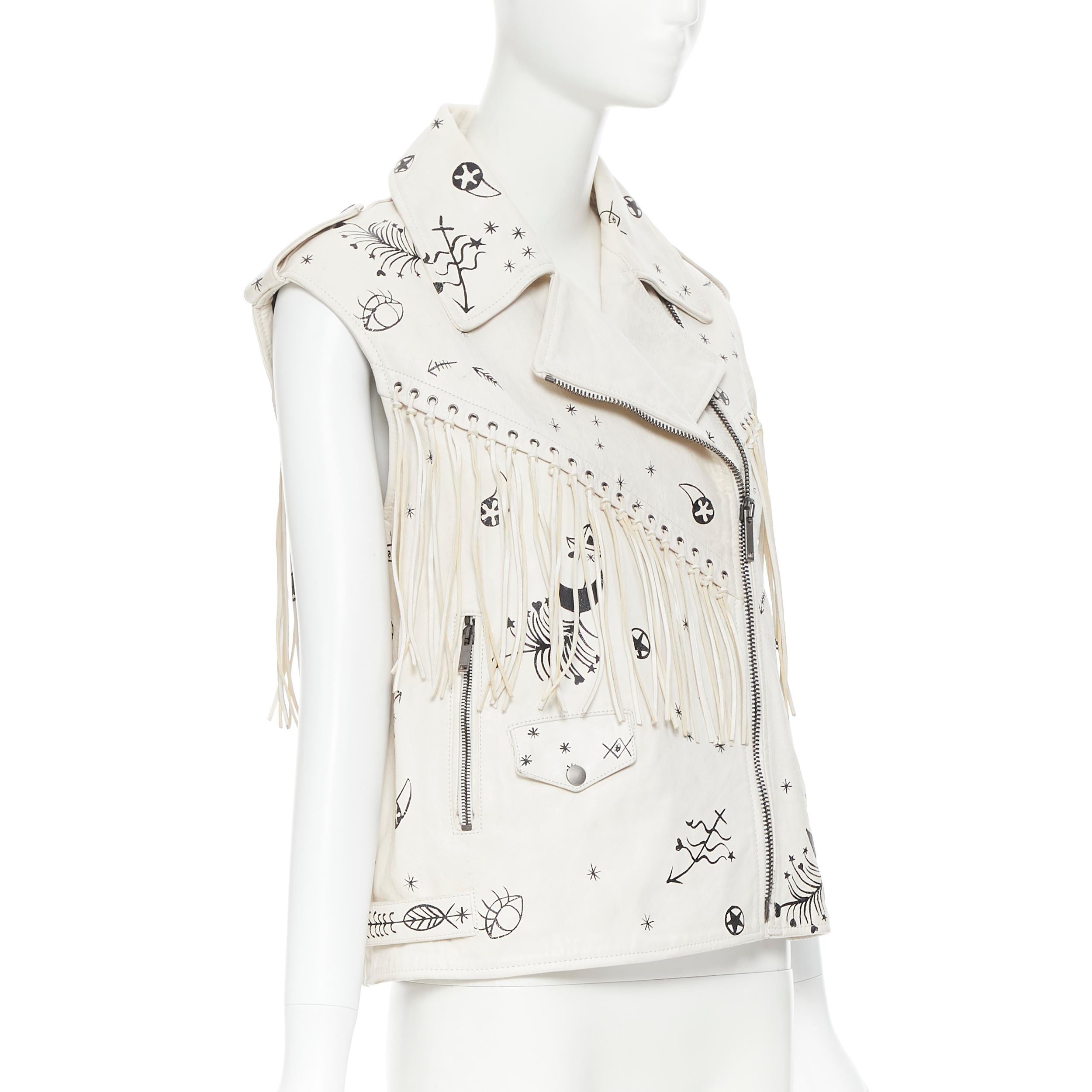 Women's rare VALENTINO beige black horoscope scribble fringe leather biker vest IT38 XS