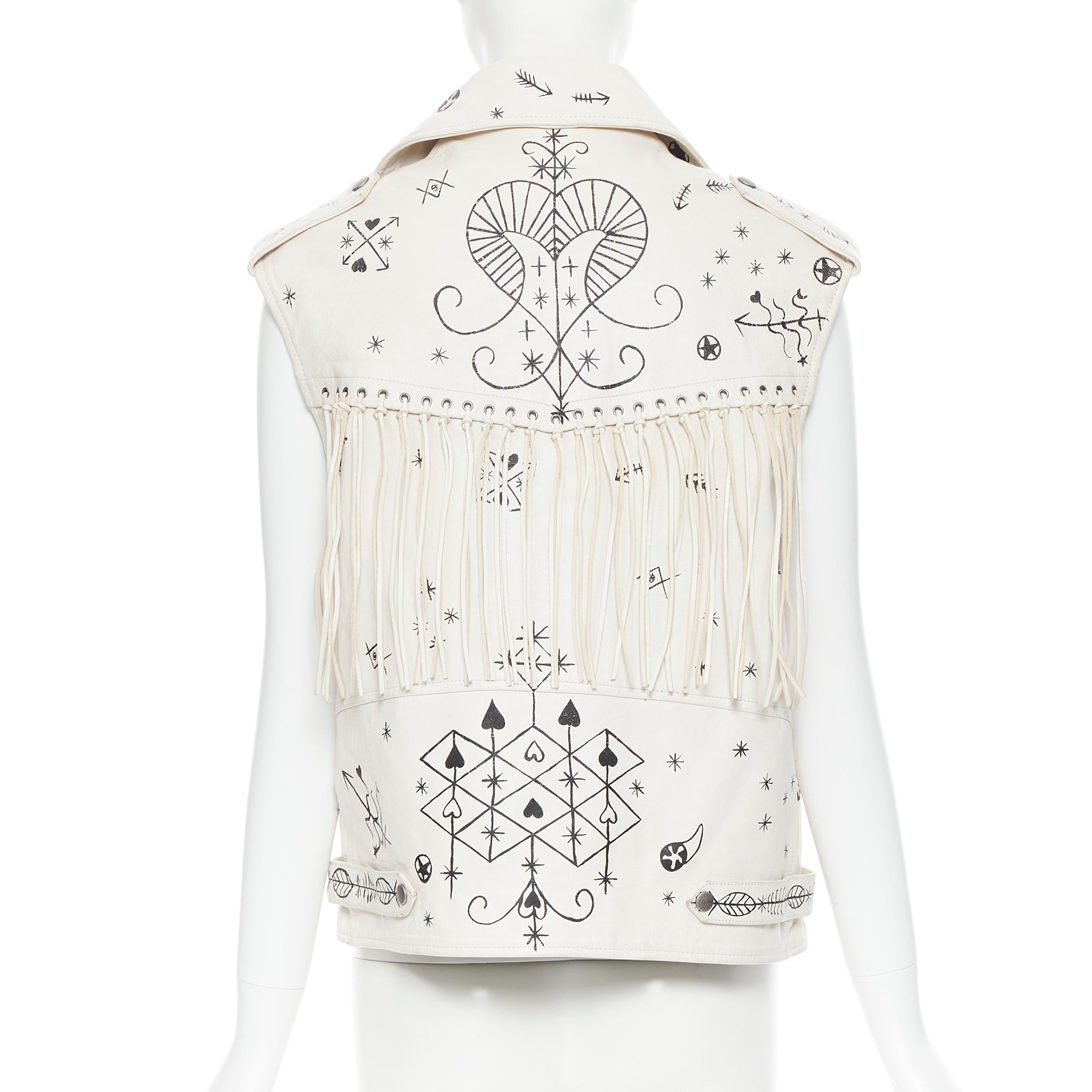 rare VALENTINO beige black horoscope scribble fringe leather biker vest IT38 XS 2