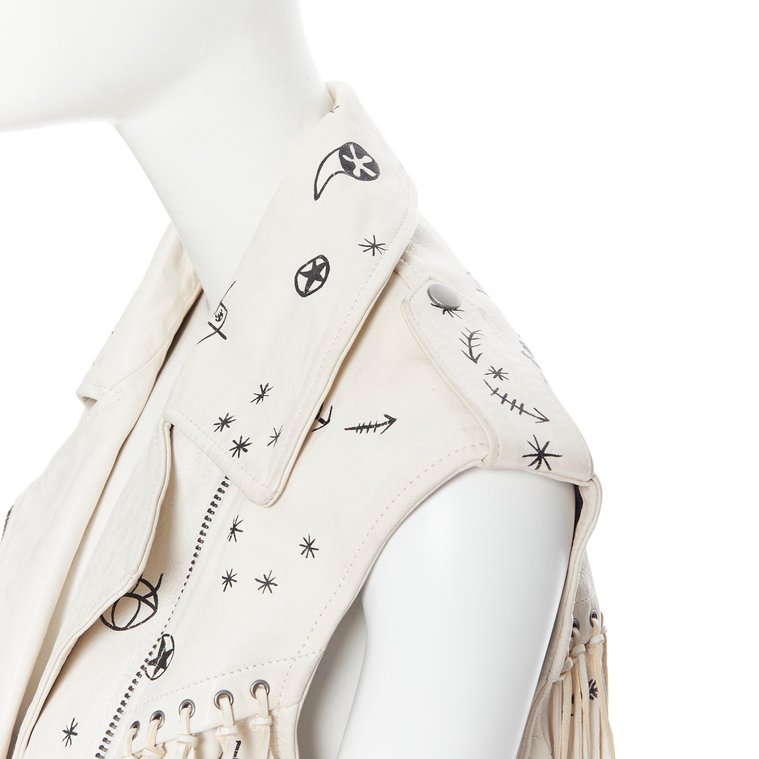 rare VALENTINO beige black horoscope scribble fringe leather biker vest IT38 XS 4