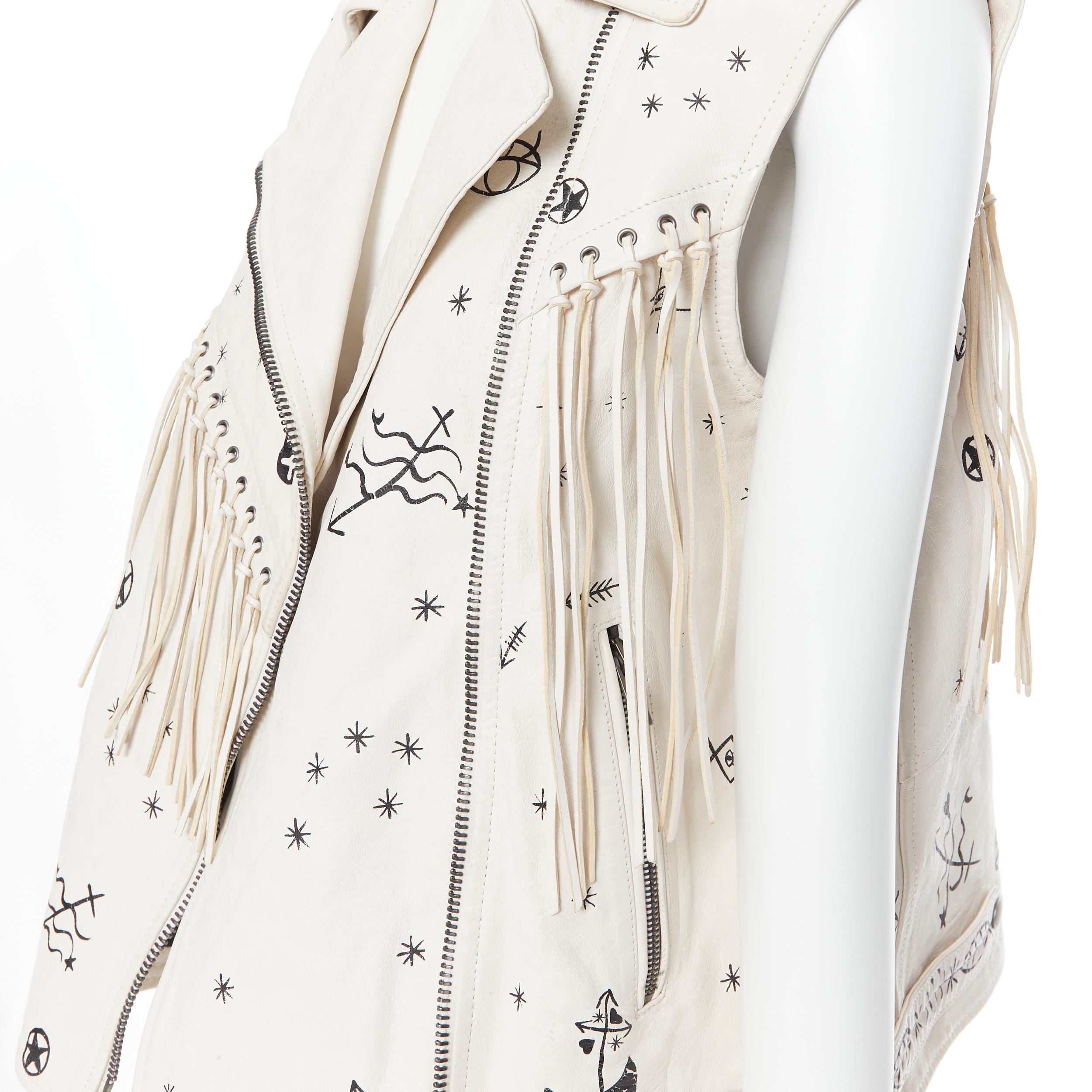 rare VALENTINO beige black horoscope scribble fringe leather biker vest IT38 XS 5