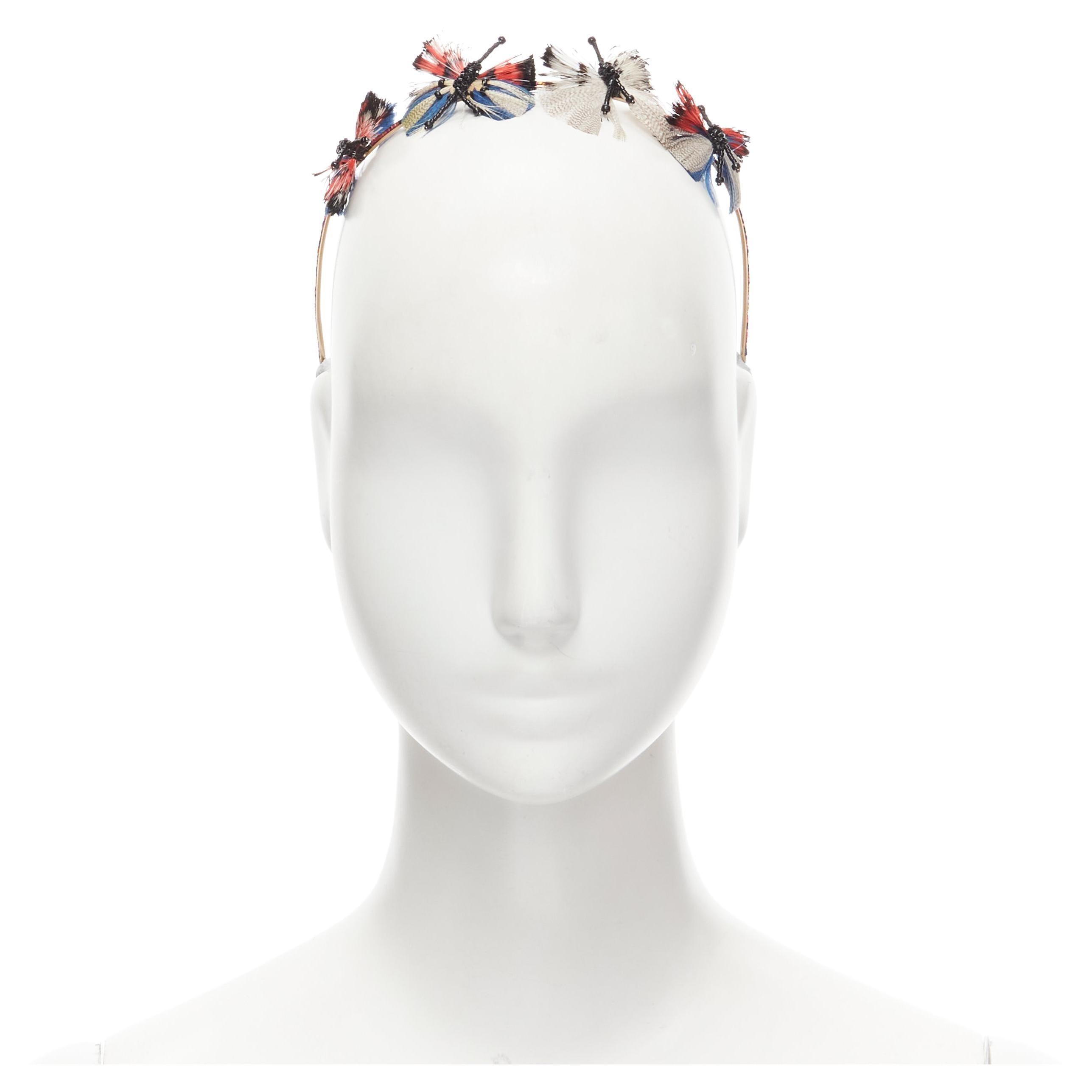 rare VALENTINO feather butterfly bead embellished gold tone crown head band For Sale