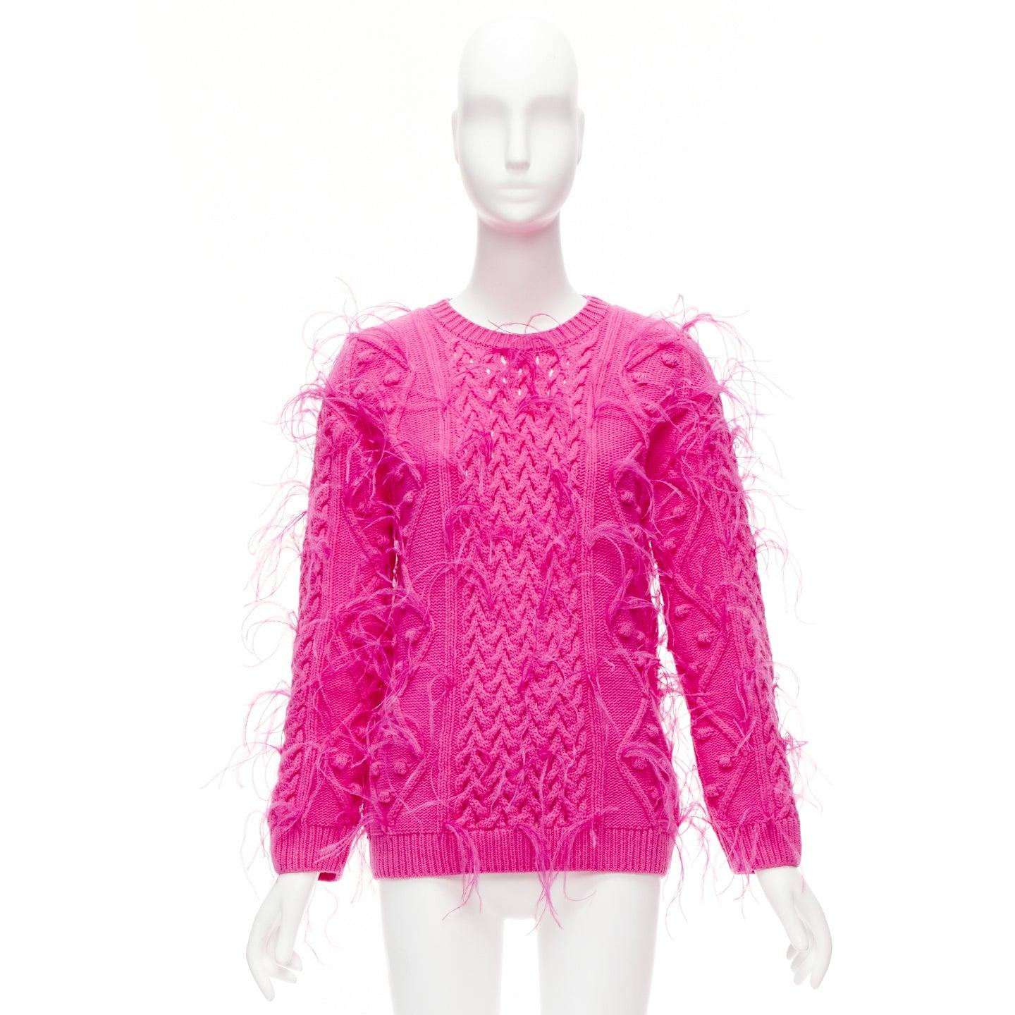 rare VALENTINO PP Pink wool feather embellished mixed cable knit sweater XS For Sale 6