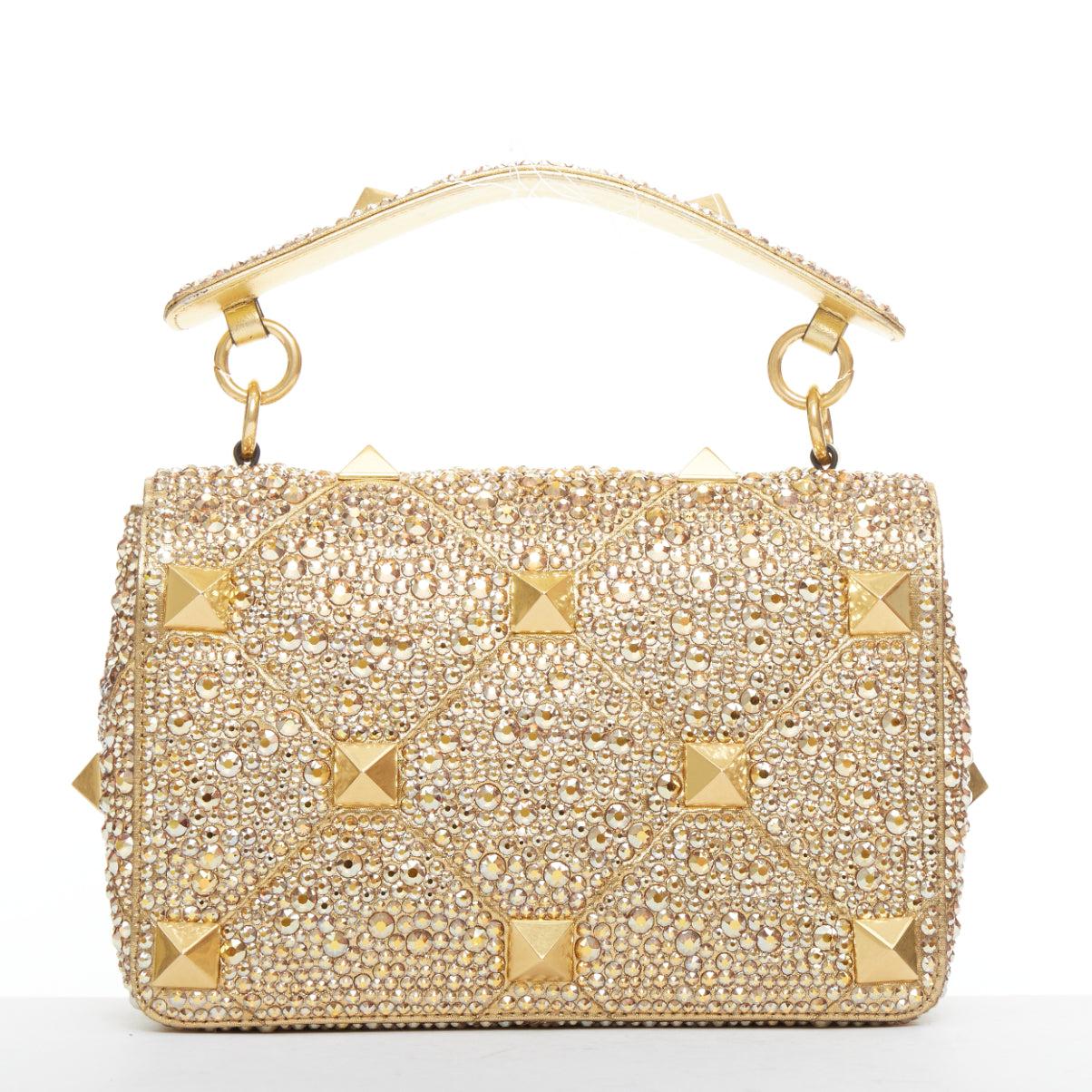 rare VALENTINO Roman Stud Medium rhinestone crystal chain turnlock shoulder bag en vente 1