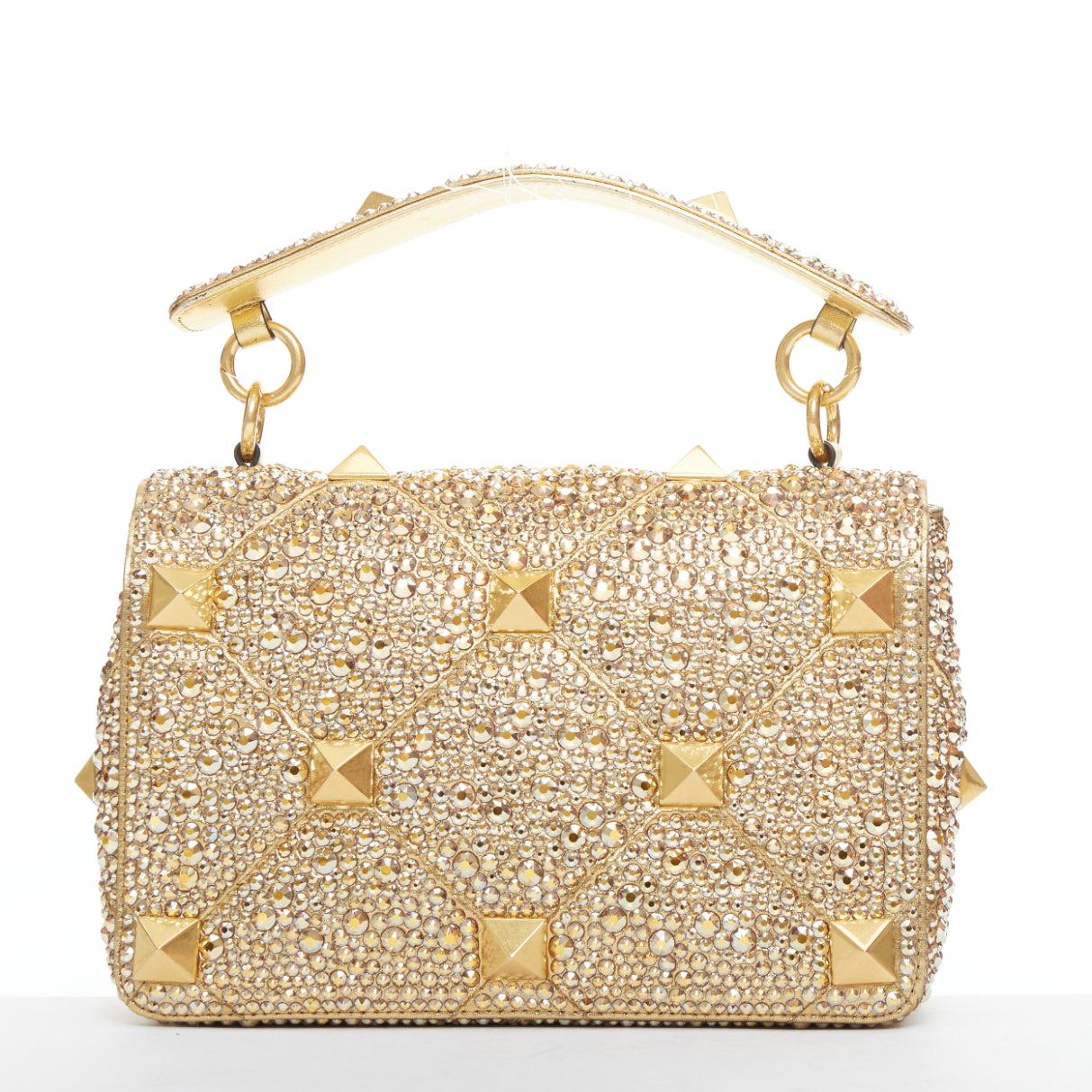 rare VALENTINO Roman Stud Medium rhinestone crystal chain turnlock shoulder bag en vente 2
