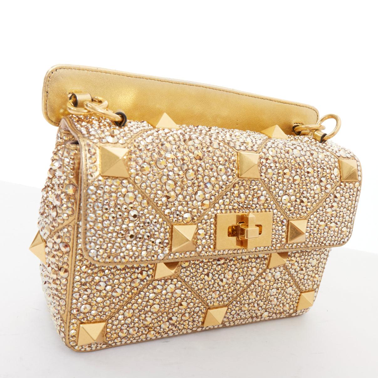 rare VALENTINO Roman Stud Medium rhinestone crystal chain turnlock shoulder bag en vente 4