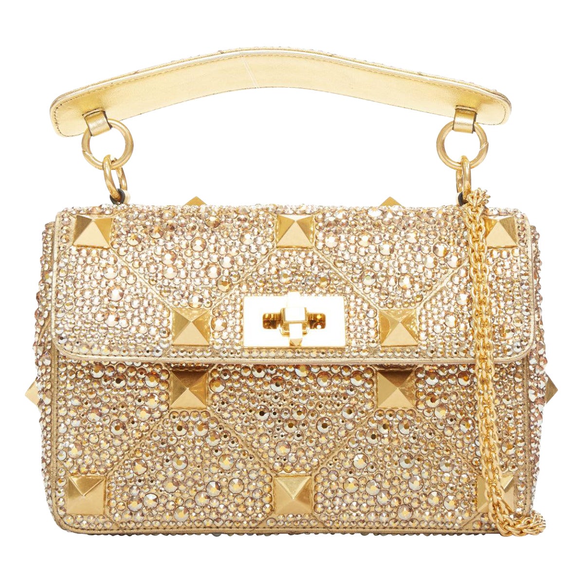 rare VALENTINO Roman Stud Medium rhinestone crystal chain turnlock shoulder bag en vente