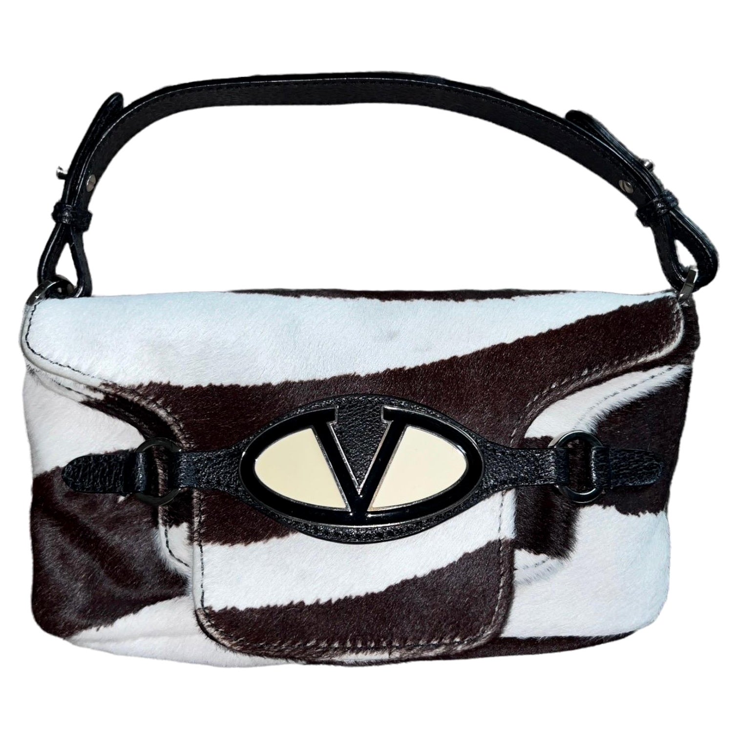 Rare VALENTINO Y2K Fur & Leather V Logo Baguette Double Flap Clutch Handbag
