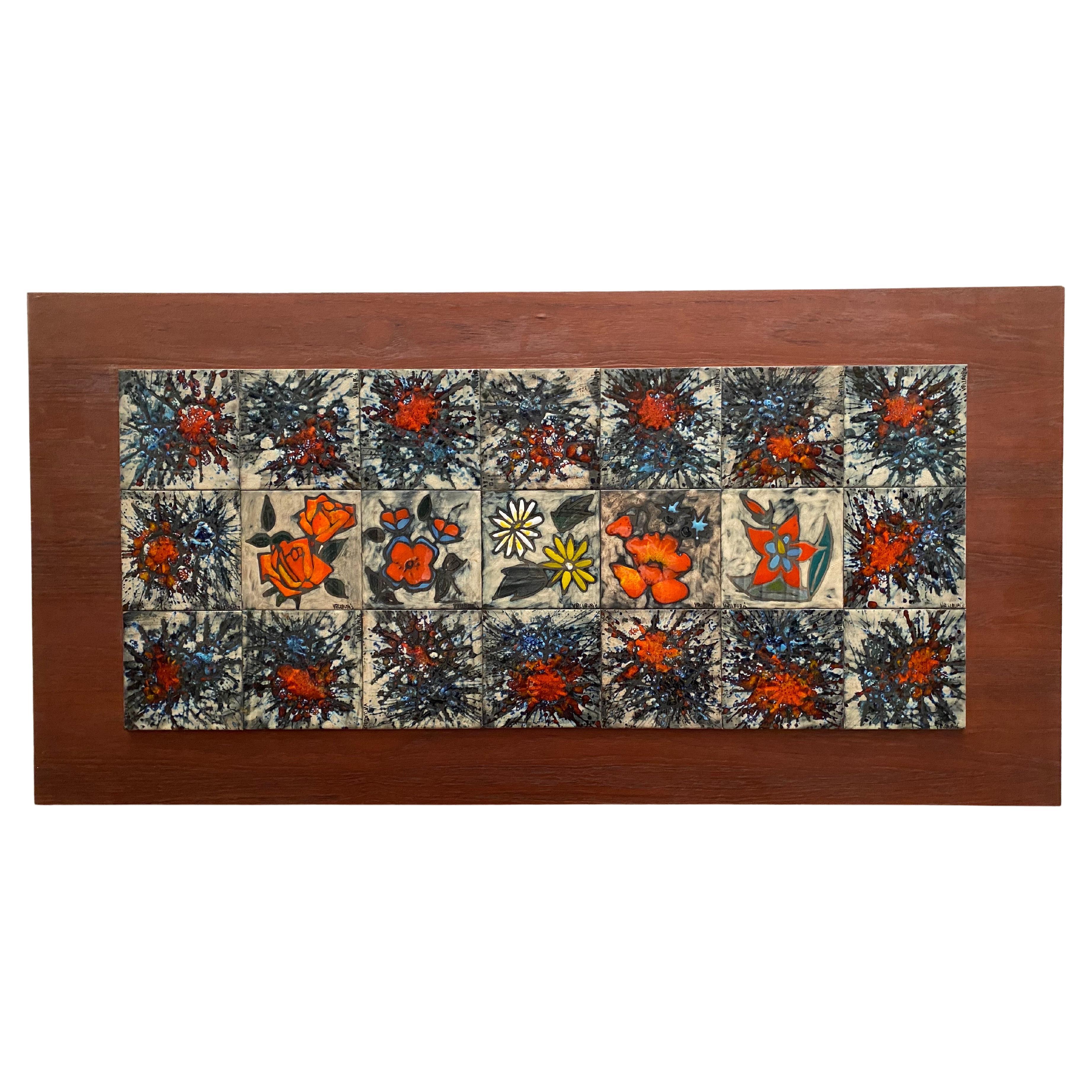 Mid-Century Modern Rare Vallauris Tile Wall Hanging Tableau with Flowers France 1960s For Sale