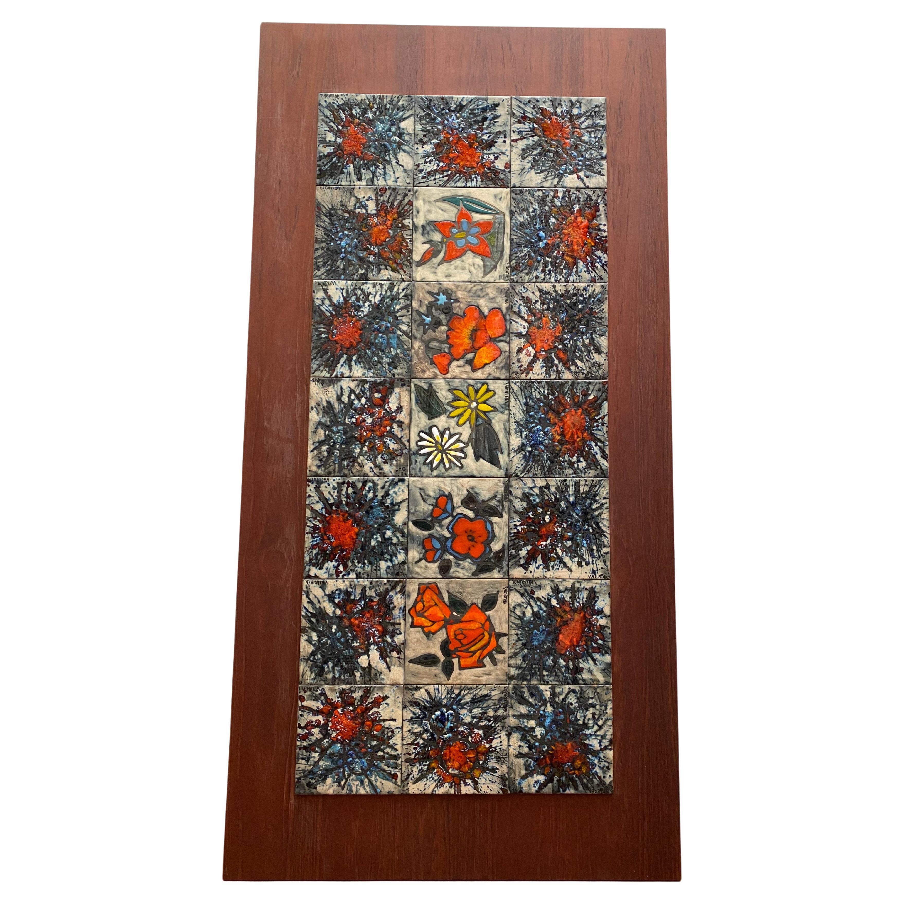 Rare Vallauris Tile Wall Hanging Tableau with Flowers France 1960s In Good Condition For Sale In Antwerp, BE