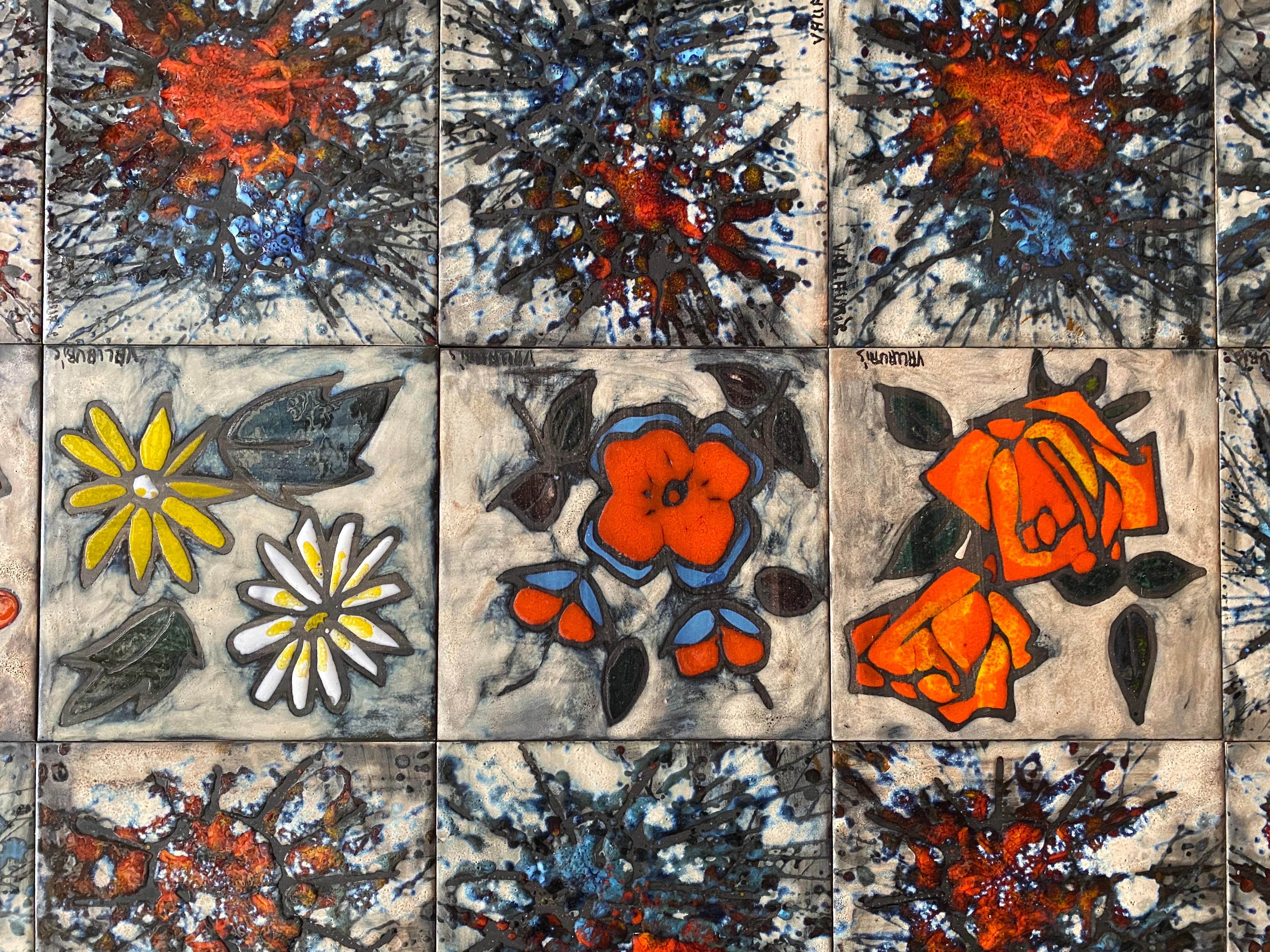 Mid-20th Century Rare Vallauris Tile Wall Hanging Tableau with Flowers France 1960s For Sale