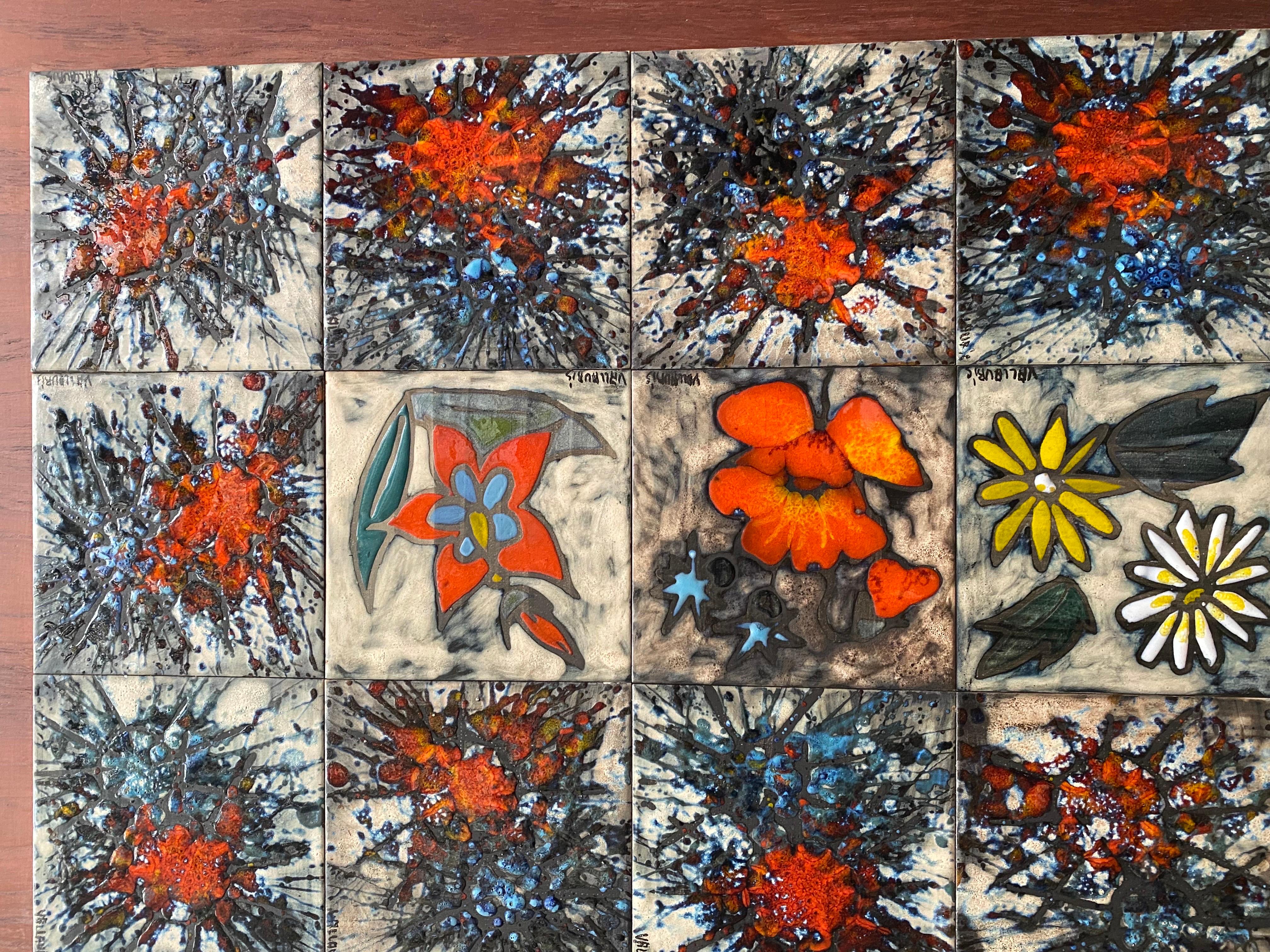 Ceramic Rare Vallauris Tile Wall Hanging Tableau with Flowers France 1960s For Sale