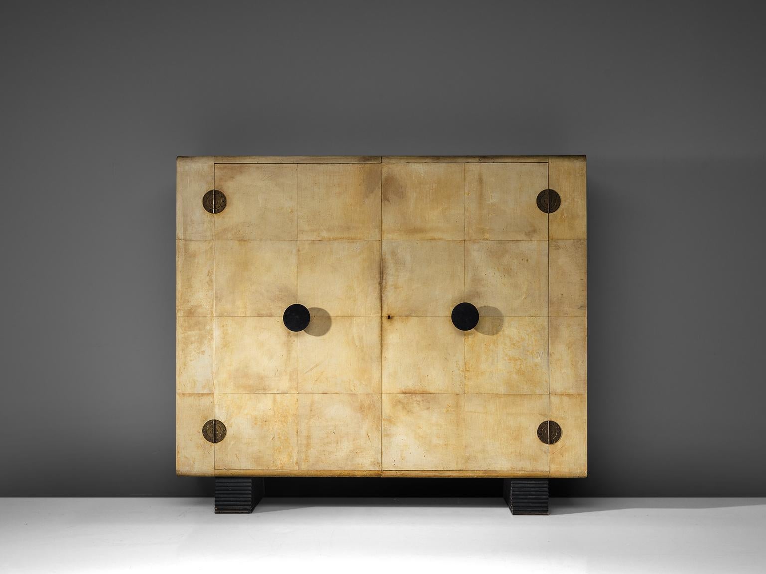 Italian Rare Valzania Grand Armoire in Parchment and Brass