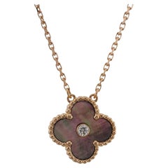 Rare Van Cleef & Arpels Or Rose 18k Diamond Grey Mop Vintage Alhambra Pendentif