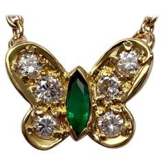 Rare Van Cleef & Arpels Emerald & Diamond Papillion Butterfly 18k Gold Necklace