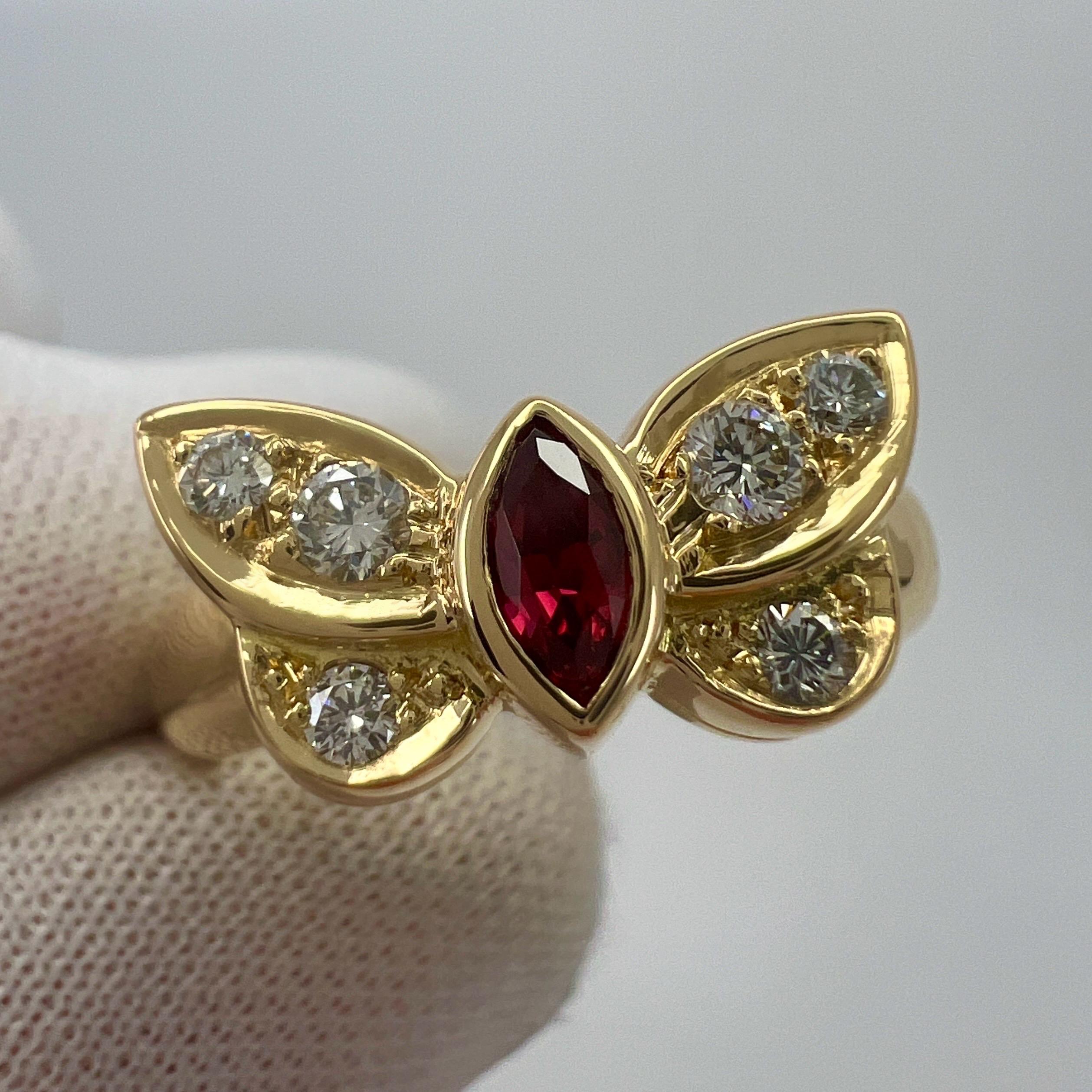 Seltene Vintage Van Cleef & Arpels Fein Rubin und Diamant 18k Gelbgold Ring.

Ein atemberaubender Vintage-Ring mit einem einzigartigen Design, das typisch für Van Cleef & Arpels ist. Er ist mit einem schönen roten Rubin im Marquise-Schliff besetzt,