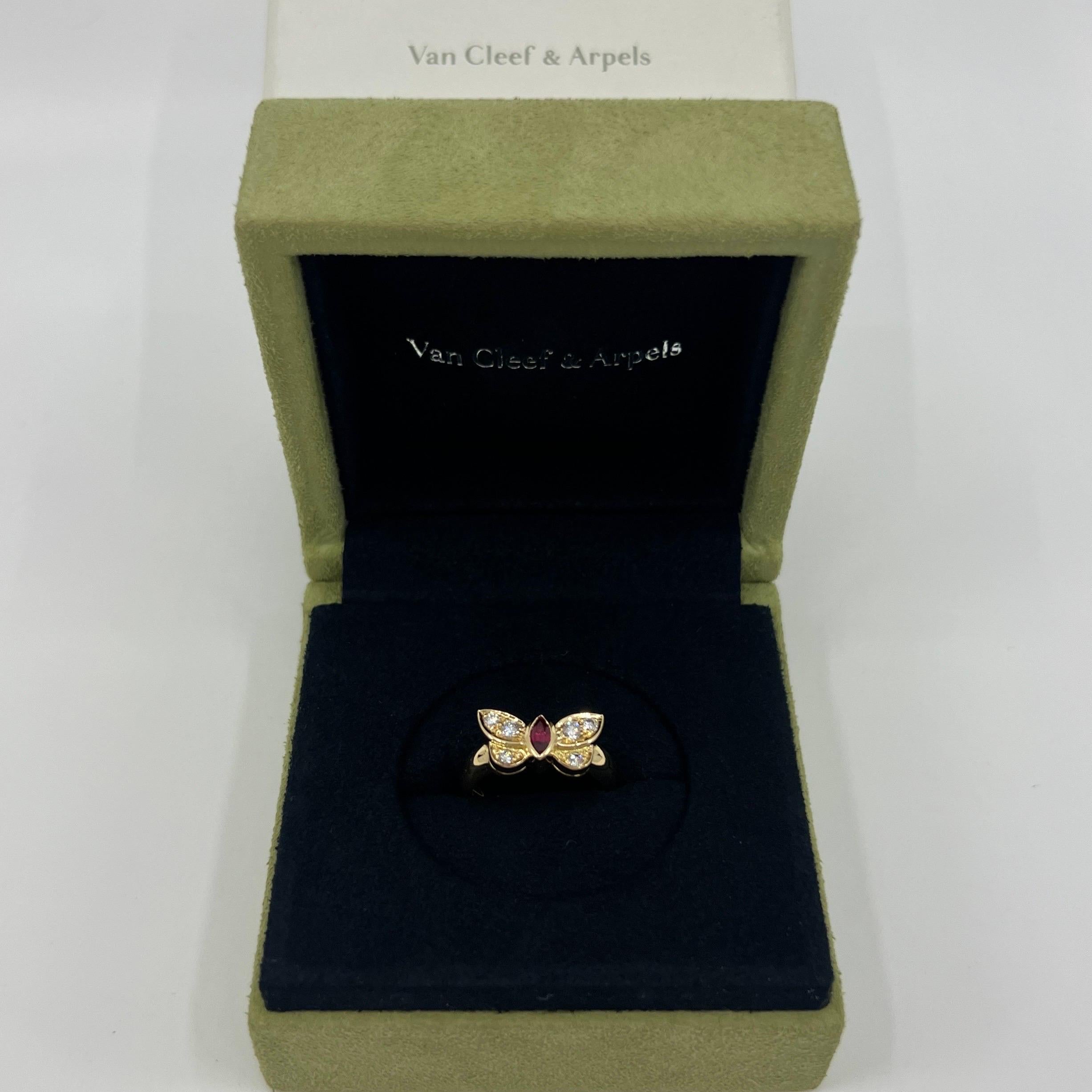 Marquise Cut Rare Van Cleef & Arpels Fine Vivid Red Marquise Ruby & Diamond Butterfly Ring For Sale