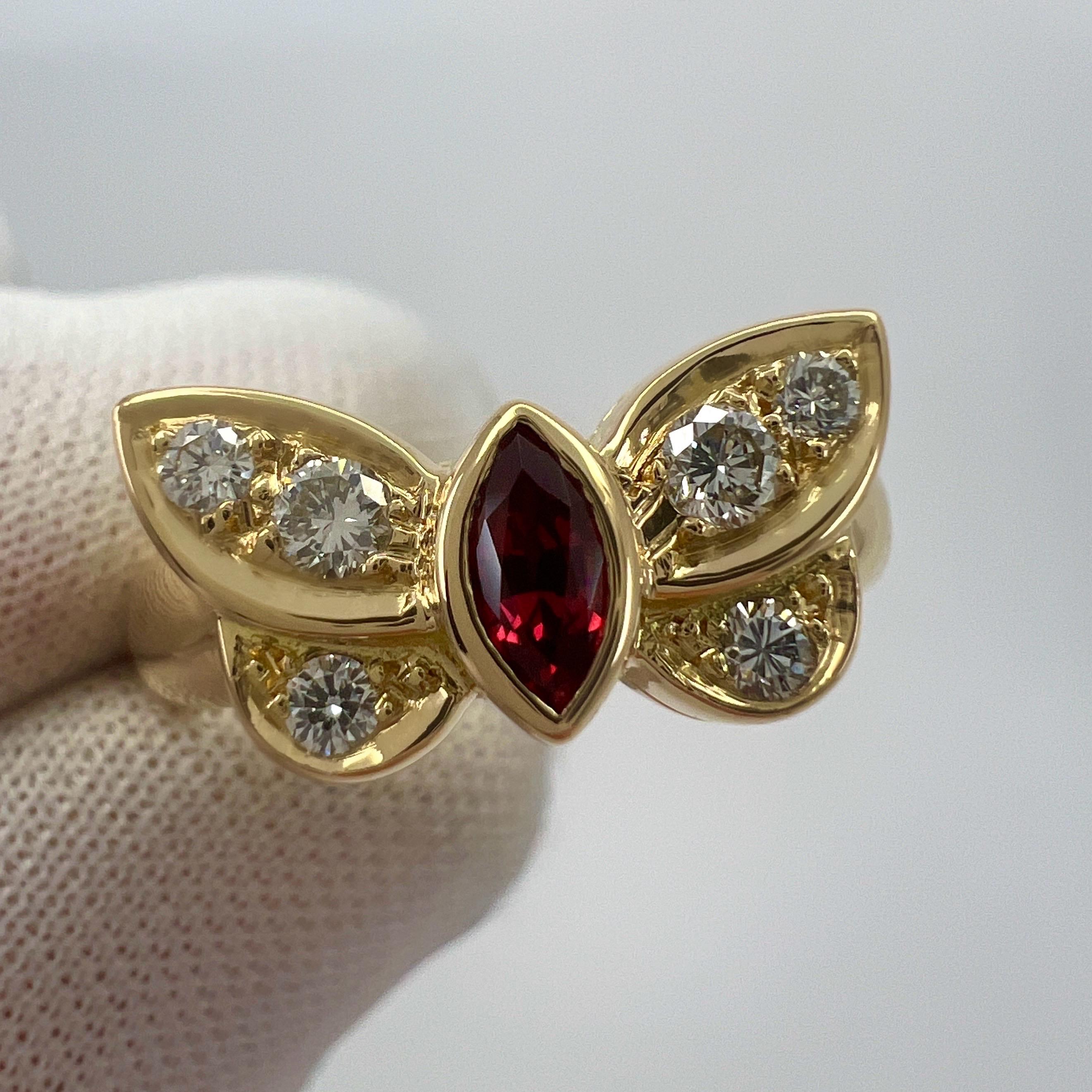Rare Van Cleef & Arpels Fine Vivid Red Marquise Ruby & Diamond Butterfly Ring In Excellent Condition For Sale In Birmingham, GB