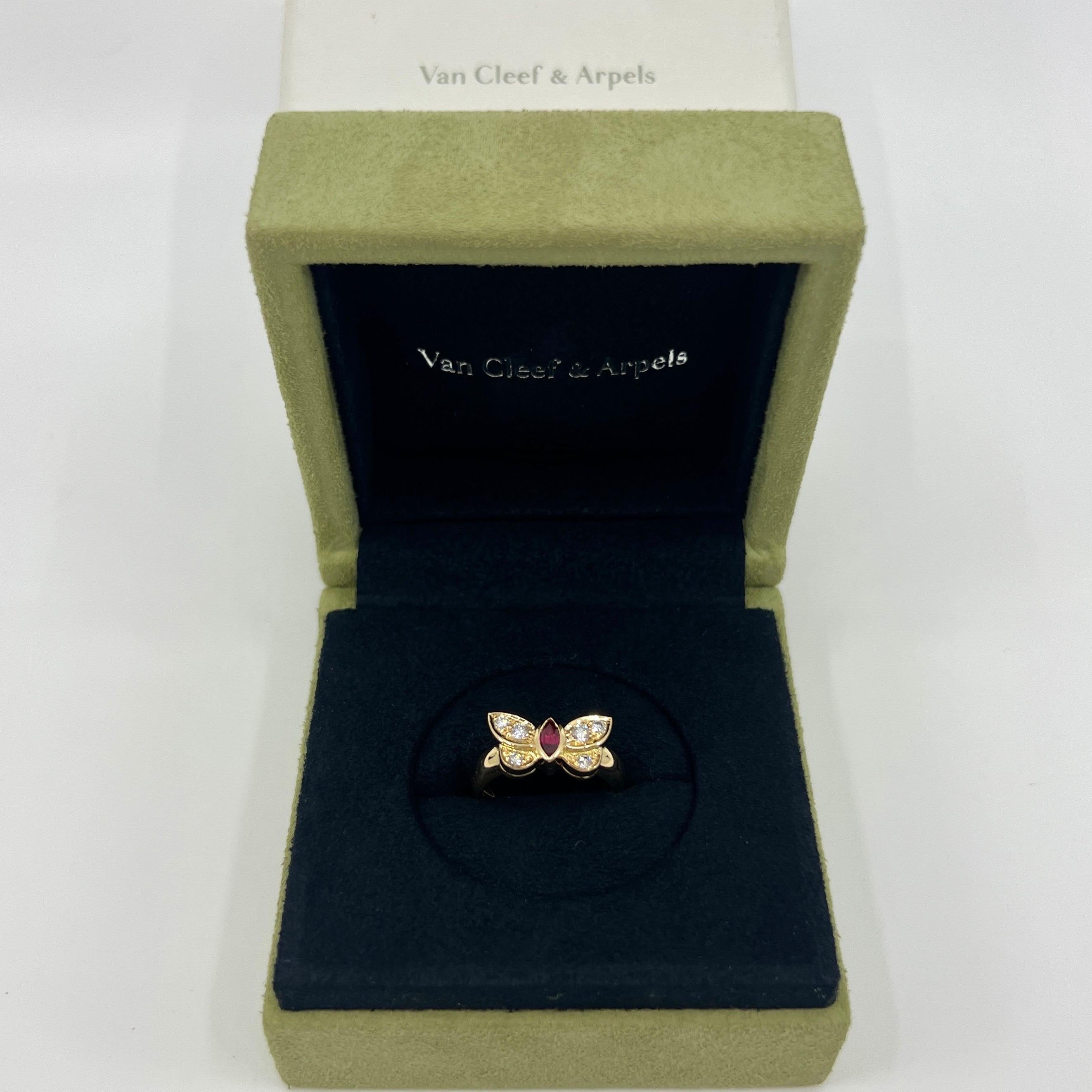 Rare Van Cleef & Arpels Fine Vivid Red Marquise Ruby & Diamond Butterfly Ring For Sale 3