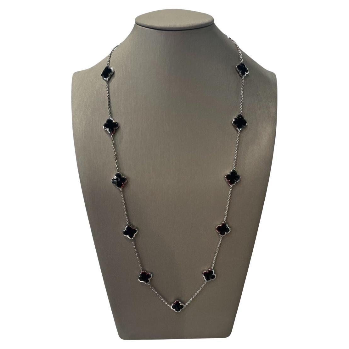 RARE Van Cleef & Arpels Pure Alhambra Onyx and White Gold 14 Motif Necklace For Sale