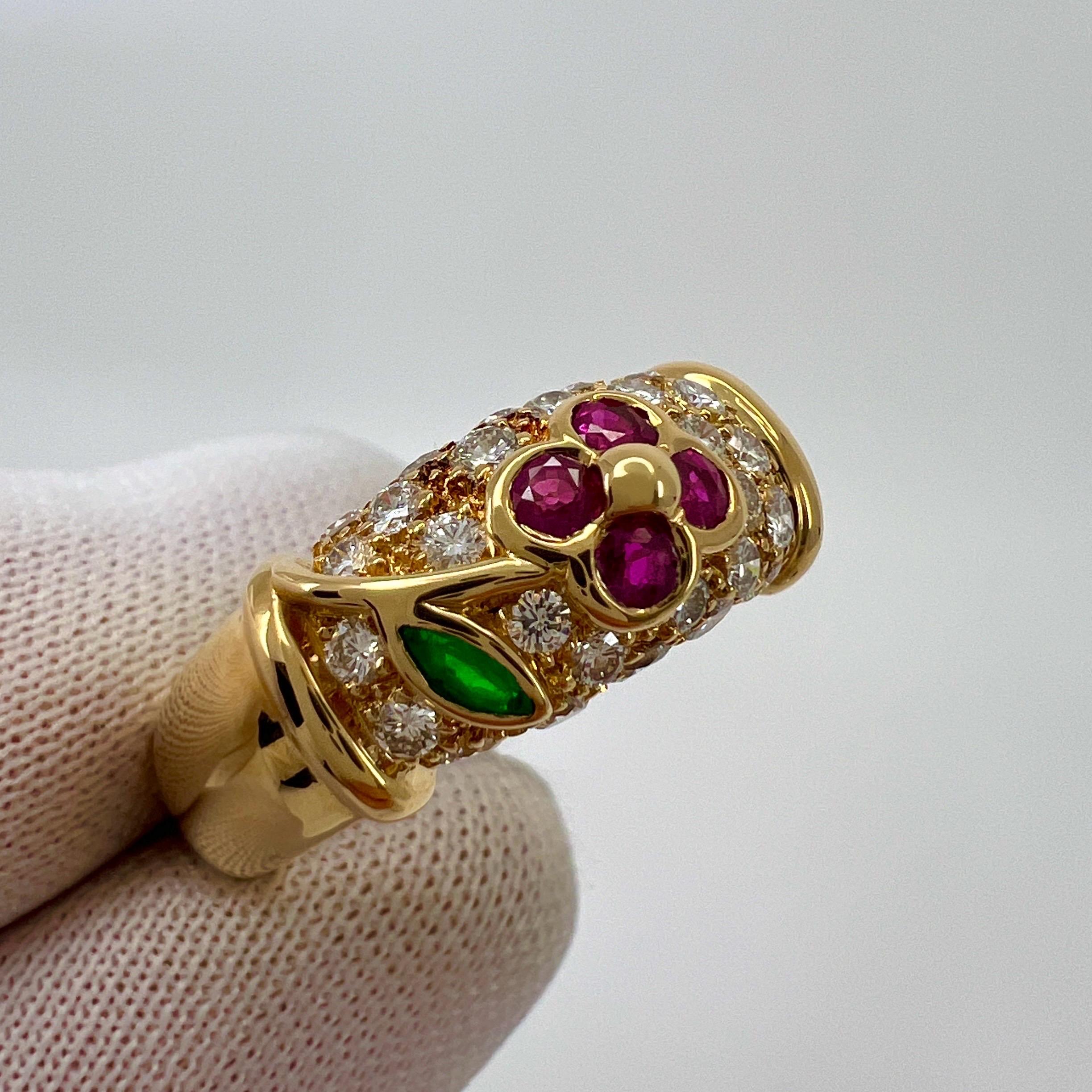 Rare Van Cleef & Arpels Ruby Emerald Diamond 18k Yellow Gold Floral Flower Ring 6