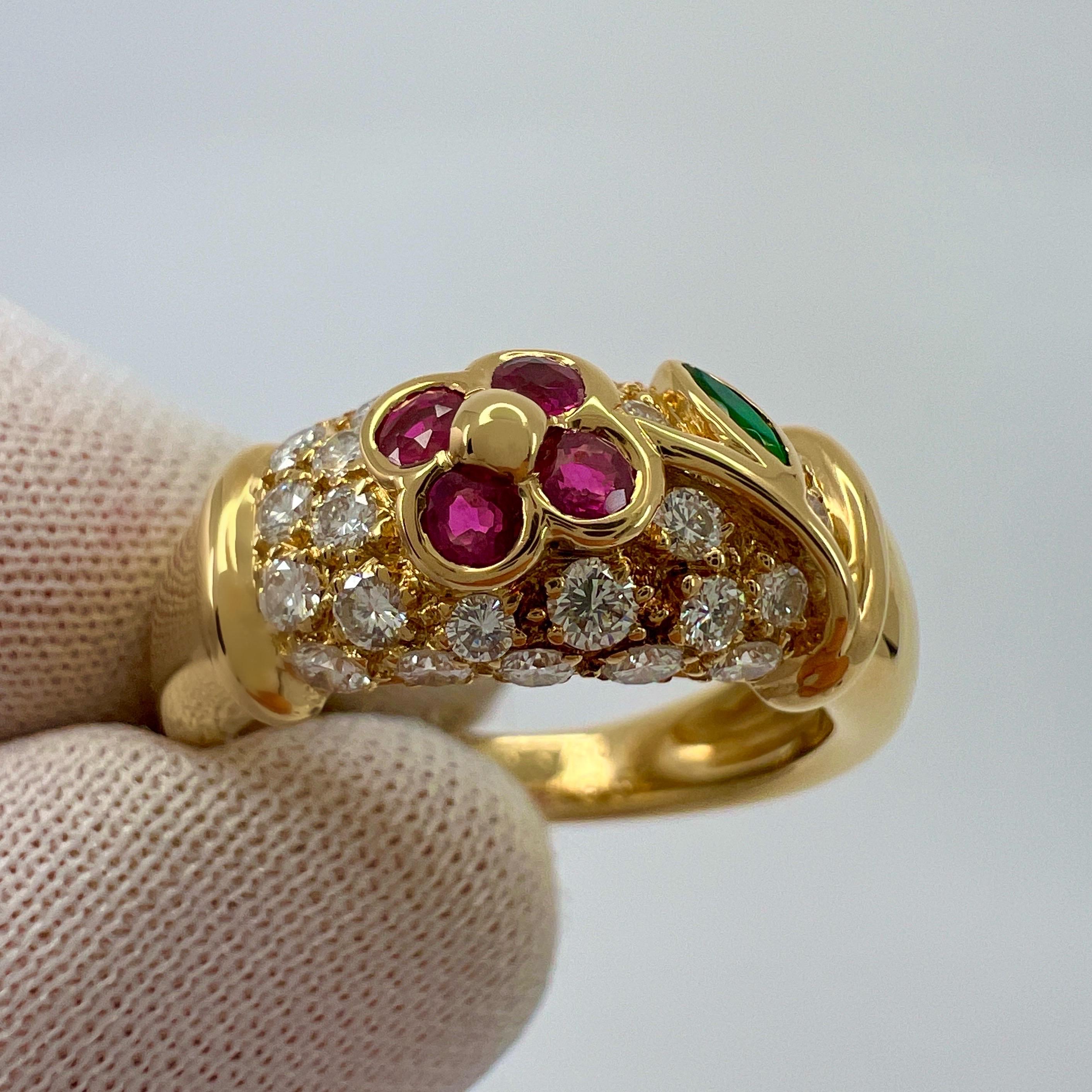 Round Cut Rare Van Cleef & Arpels Ruby Emerald Diamond 18k Yellow Gold Floral Flower Ring For Sale