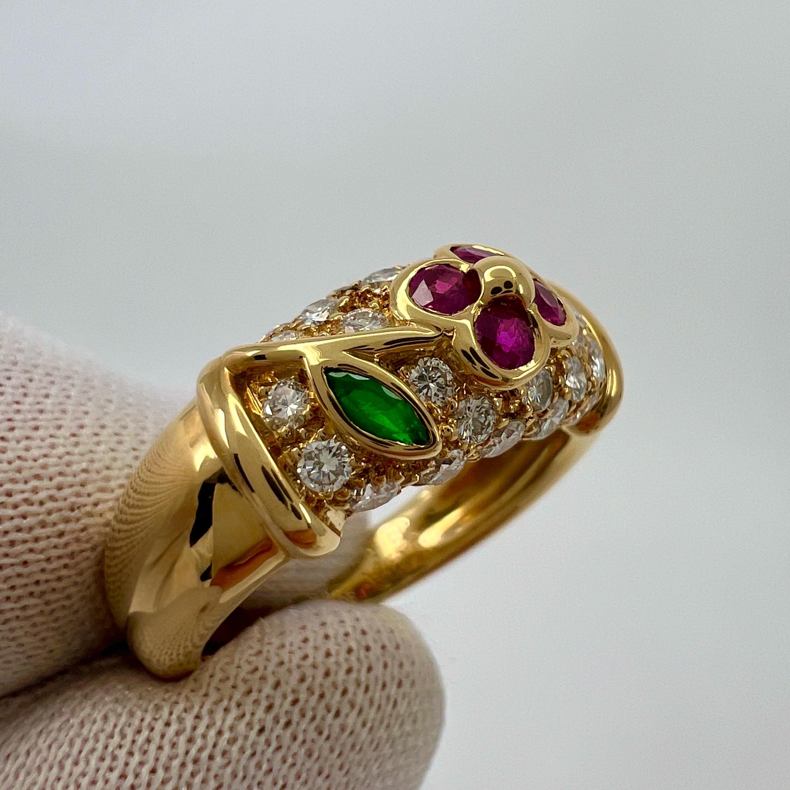 Rare Van Cleef & Arpels Ruby Emerald Diamond 18k Yellow Gold Floral Flower Ring In Excellent Condition In Birmingham, GB