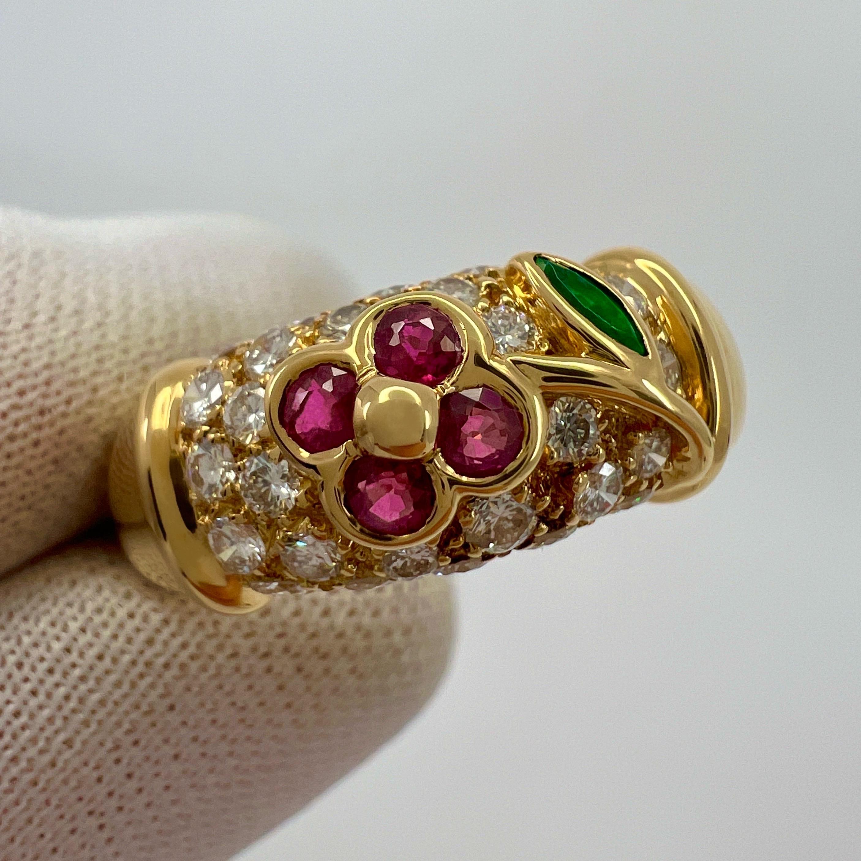 Rare Van Cleef & Arpels Ruby Emerald Diamond 18k Yellow Gold Floral Flower Ring For Sale 4