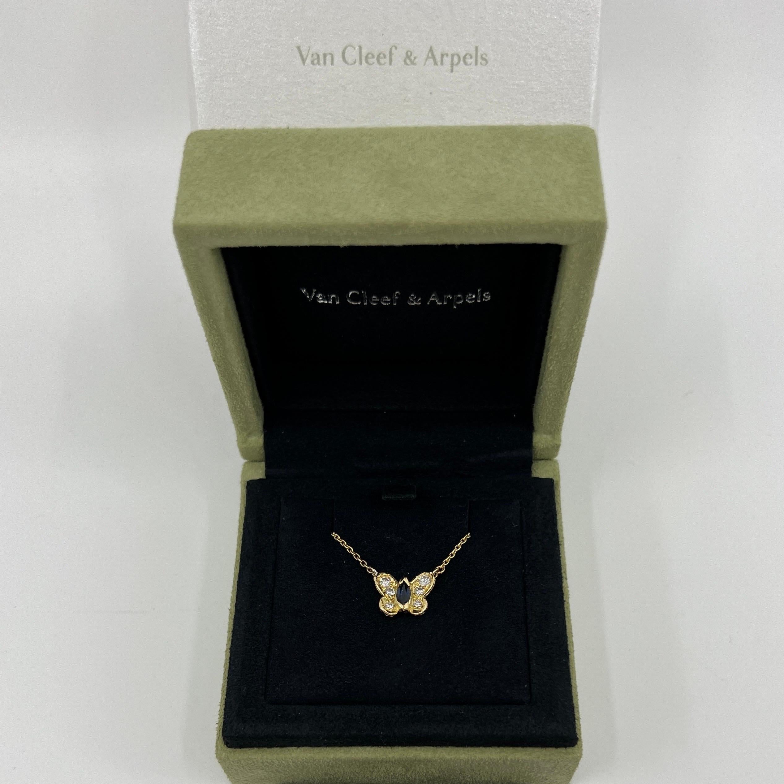 Vintage Van Cleef & Arpels Papillion Blue Sapphire & Diamond 18k Gold Butterfly Pendant Necklace.

A beautiful and rare vintage piece with a stunning marquise cut deep blue sapphire and 6 excellent quality diamonds. VS-VVS clarity. F-H colour
All
