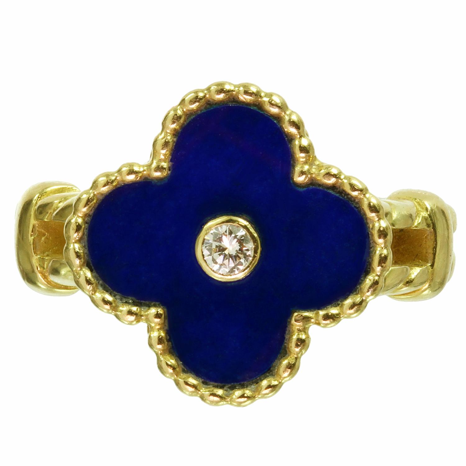 Taille brillant Van Cleef & Arpels Bague vintage Alhambra rare en or jaune avec diamants et lapis-lazuli en vente