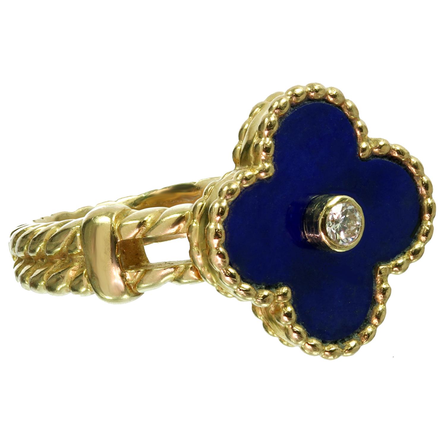 Rare Van Cleef & Arpels Vintage Alhambra Diamond Lapis Lazuli Yellow Gold Ring In Good Condition For Sale In New York, NY
