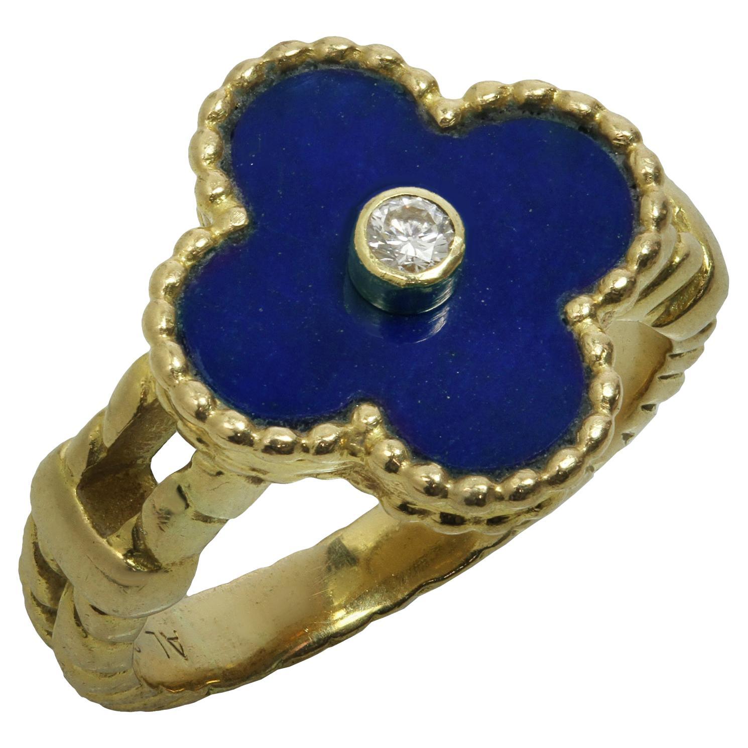 Rare Van Cleef & Arpels Vintage Alhambra Diamond Lapis Lazuli Yellow Gold Ring