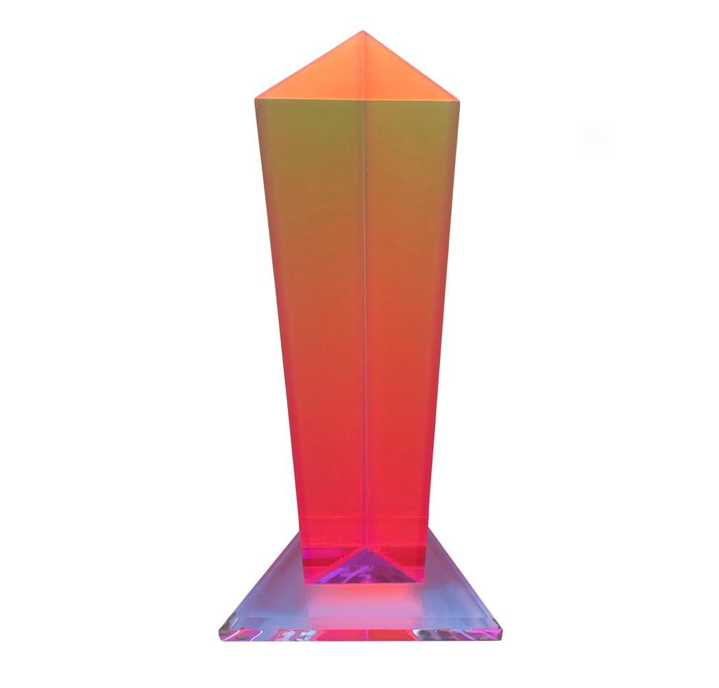 Mid-Century Modern Rare Vasa Mihich Iridescent Op Art Acrylic Lucite Tower Table Sculpture in Pink For Sale