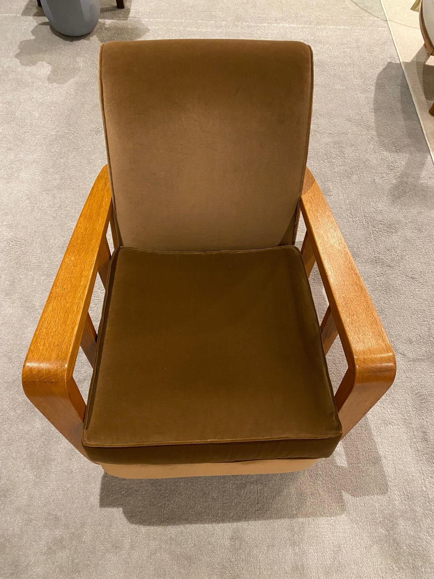Rare Velvet Upholstered Oak Lounge Armchair by Maxime Old. In Good Condition In Montreal, QC