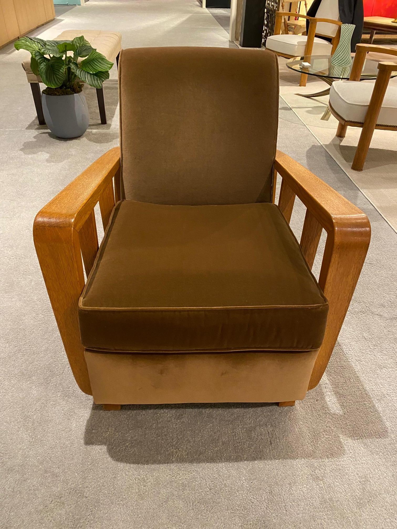 Rare Velvet Upholstered Oak Lounge Armchair by Maxime Old. In Good Condition For Sale In Montreal, QC
