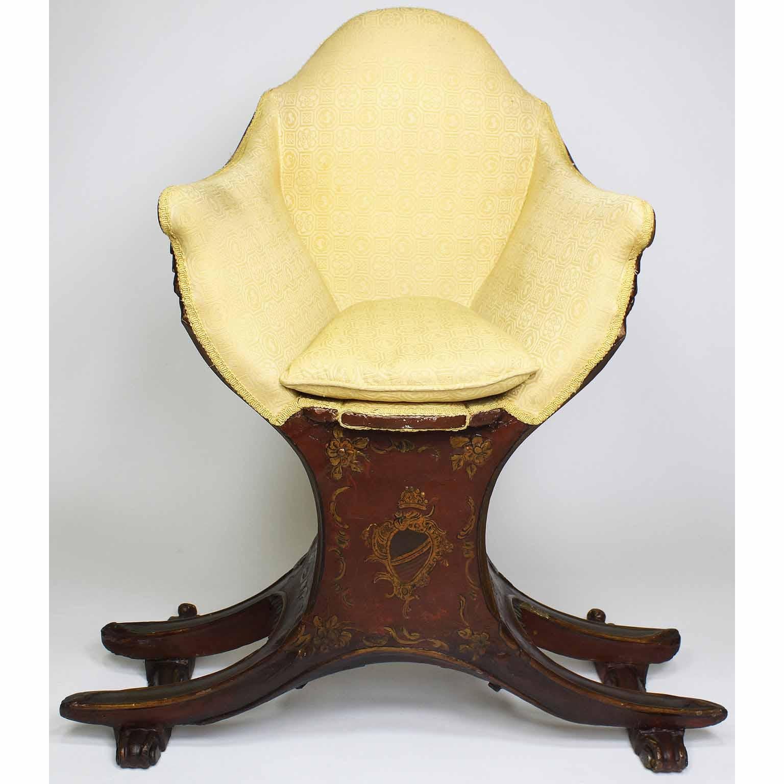 A fine and rare Venetian 18th-19th century Chinoiserie decorated red-lacquer and parcel-gilt Gondola (Gondolieri) chair. The curved sides centred with a pillow seat and padded back and sides, decorated with parcel-gilt scrolls and acanthus with